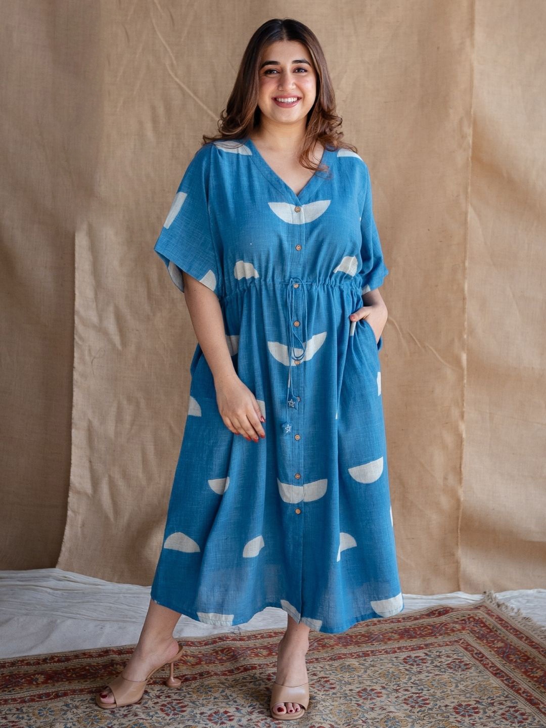 

THE INDIAN ETHNIC CO Print Shirt Midi Dress, Blue