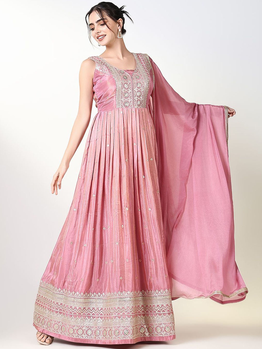 

SHOWOFF Women Embroidered Thread Work Raw Silk Anarkali Kurta, Pink