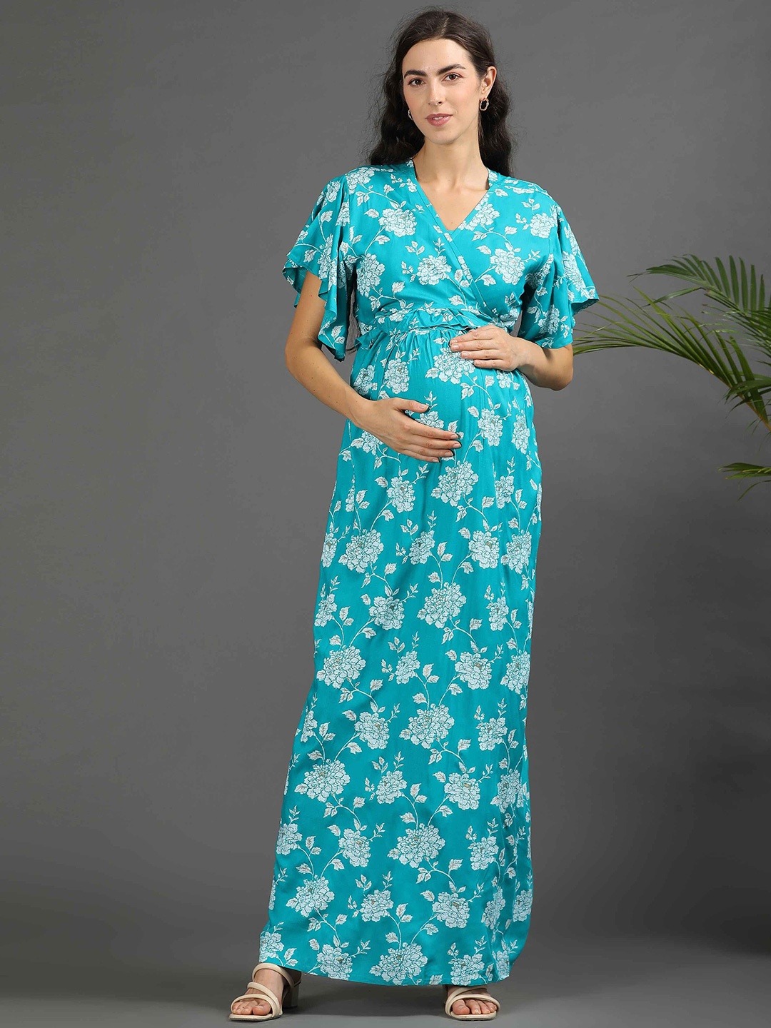 

GOLDSTROMS Floral Print Flutter Sleeve Maternity Maxi Dress, Turquoise blue