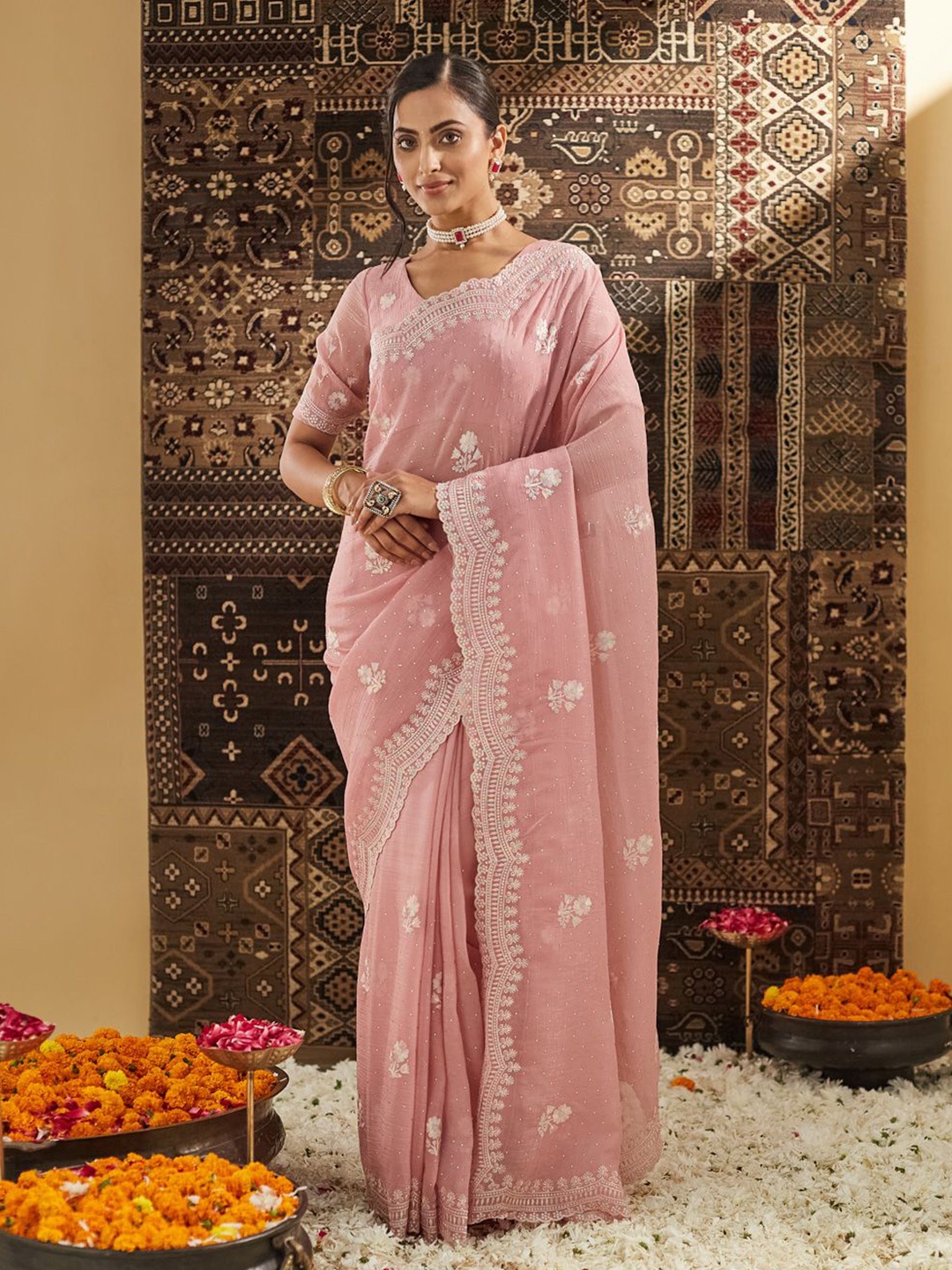 

kasee Floral Phulkari Silk Blend Saree, Pink