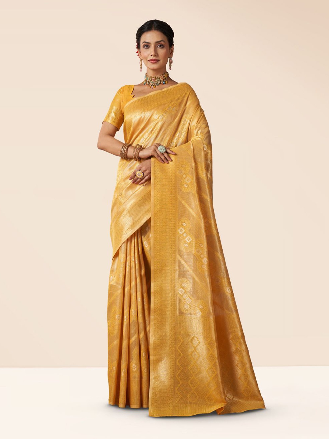 

SARHA Woven Design Zari Silk Cotton Saree, Yellow