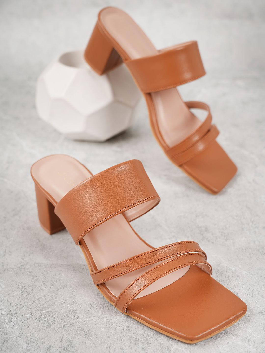 

DressBerry Block Sandals with Buckles, Tan