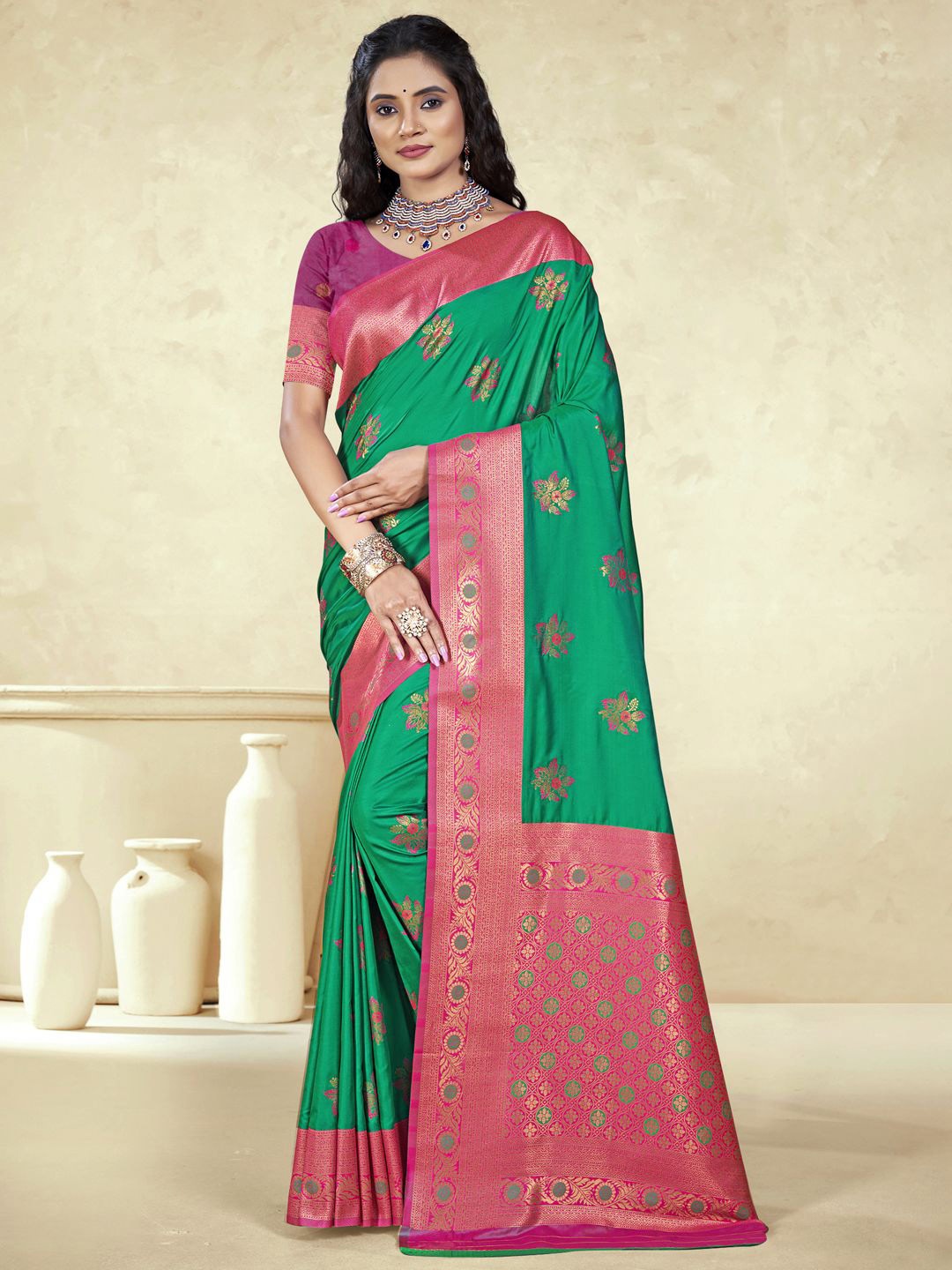 

SANGAM PRINTS Woven Design Zari Silk Blend Designer Tussar Saree, Green