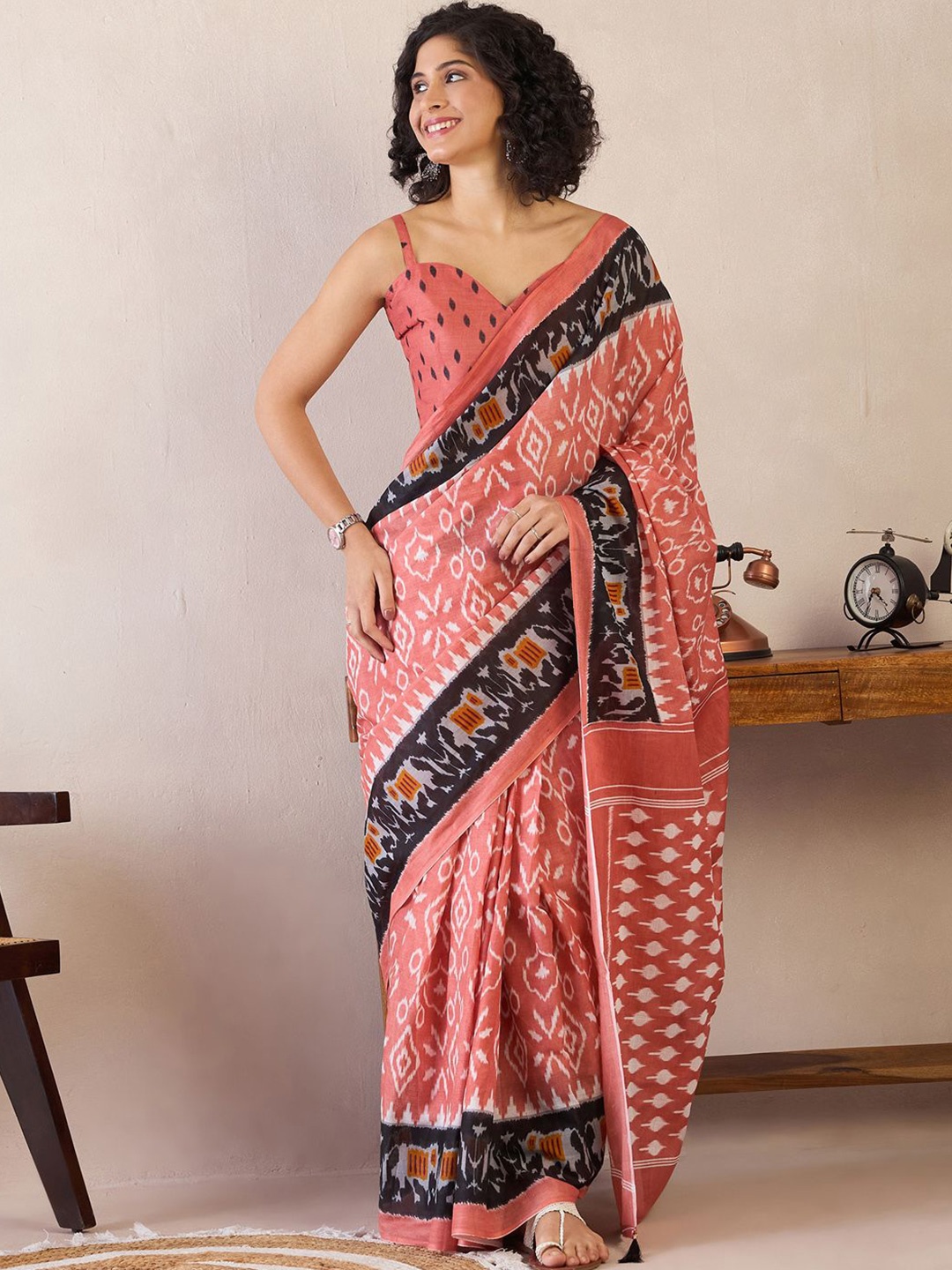 

Saree mall Ready to Wear Ethnic Motifs Ikat Sarees, Peach