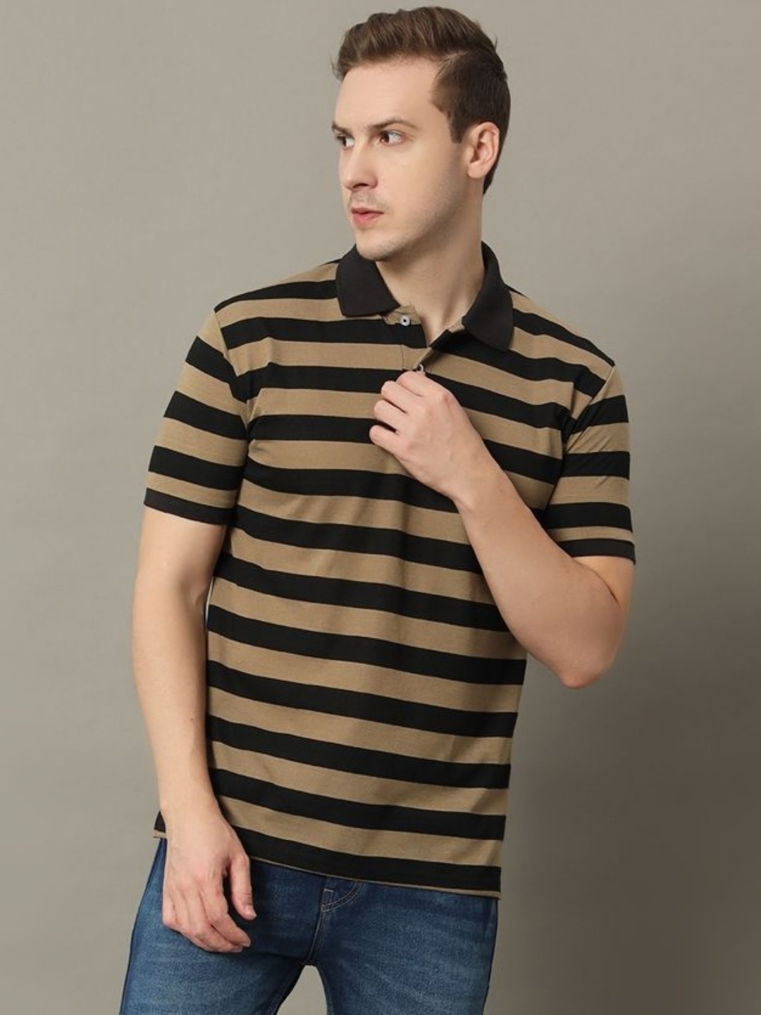 

GET GOLF Men Striped Polo Collar Cotton T-shirt, Black