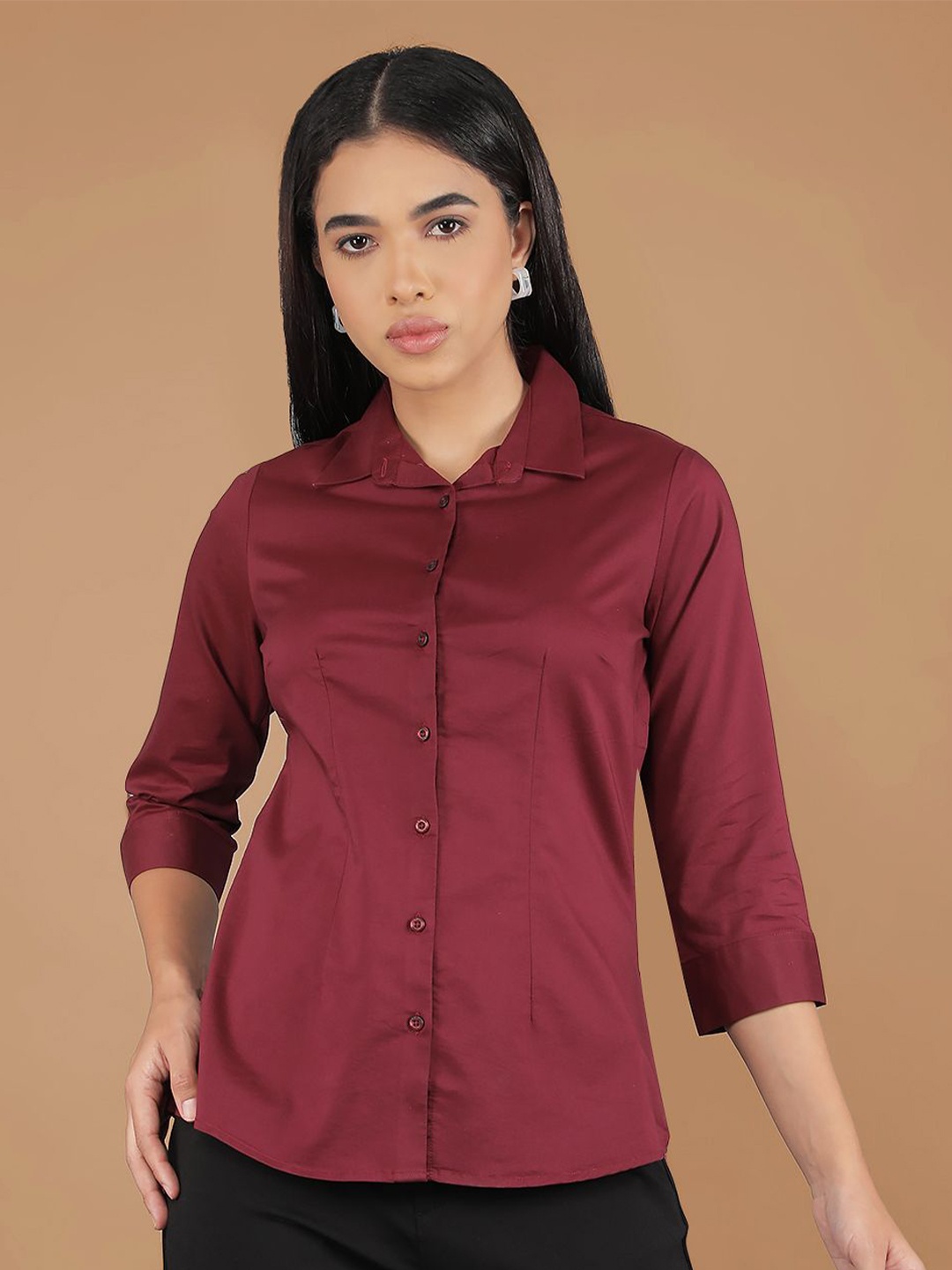 

Crimsoune Club Women Classic Spread Collar Solid Cotton Slim Fit Casual Shirt, Maroon