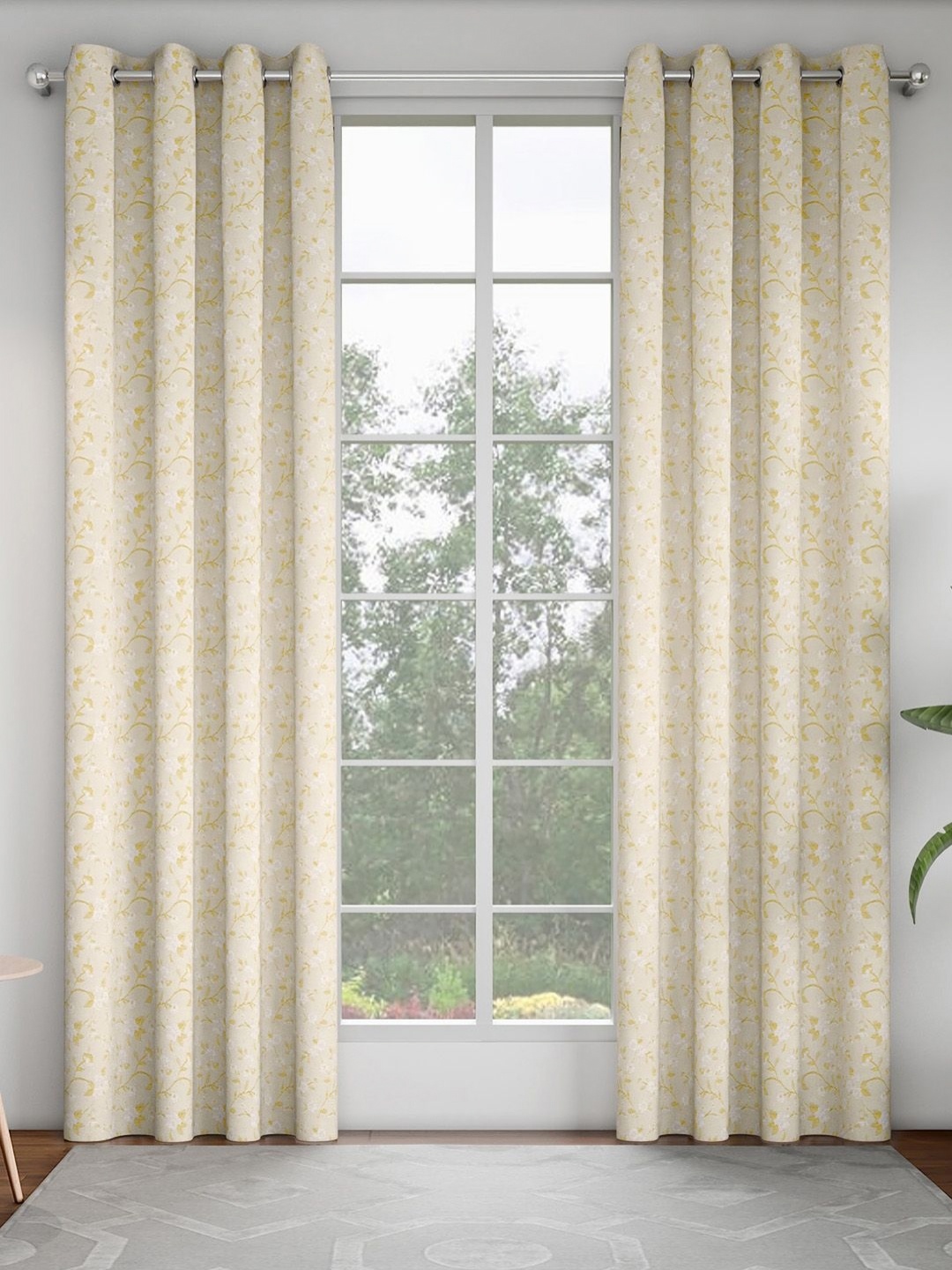 

GM Cream-Coloured & Yellow Set of 2 Floral Room Darkening Door Curtain