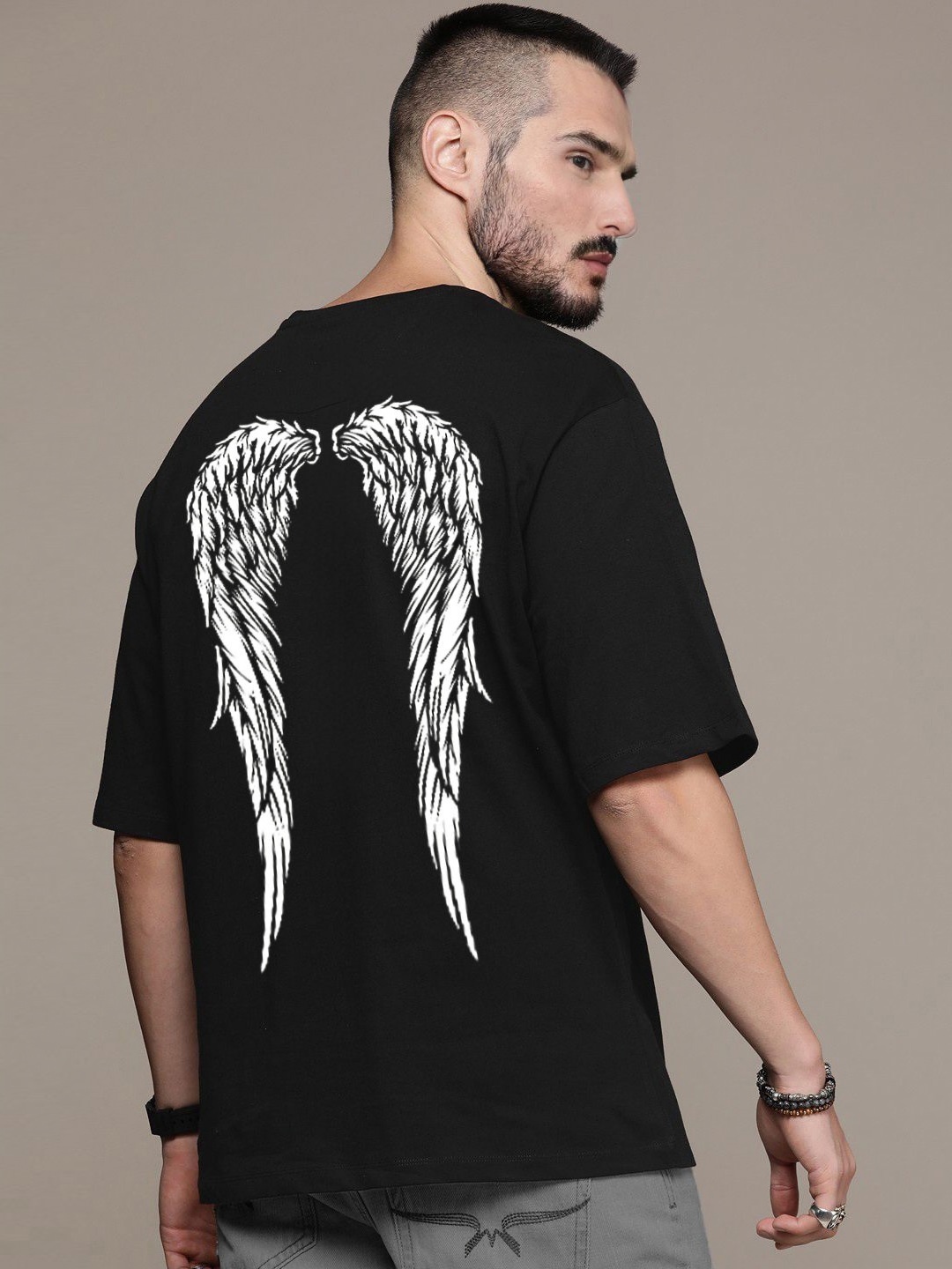 

Manlino Unisex Printed Drop-Shoulder Sleeves Pockets T-shirt, Black