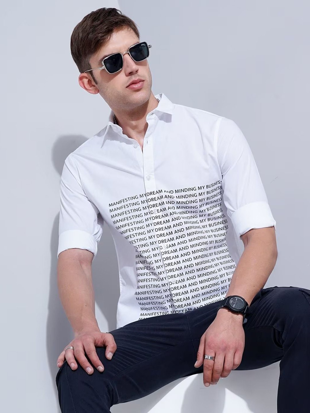 

British Club Men Classic Spread Collar Graphic Printed Cotton Slim Fit Casual Shirt, White