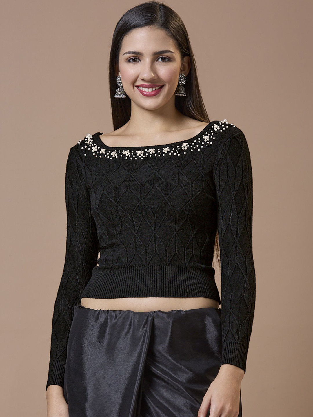 

SALWAR STUDIO Embroidered Round Neck Full Sleeve Ready-to-Wear Non-Padded Winter Blouse, Black