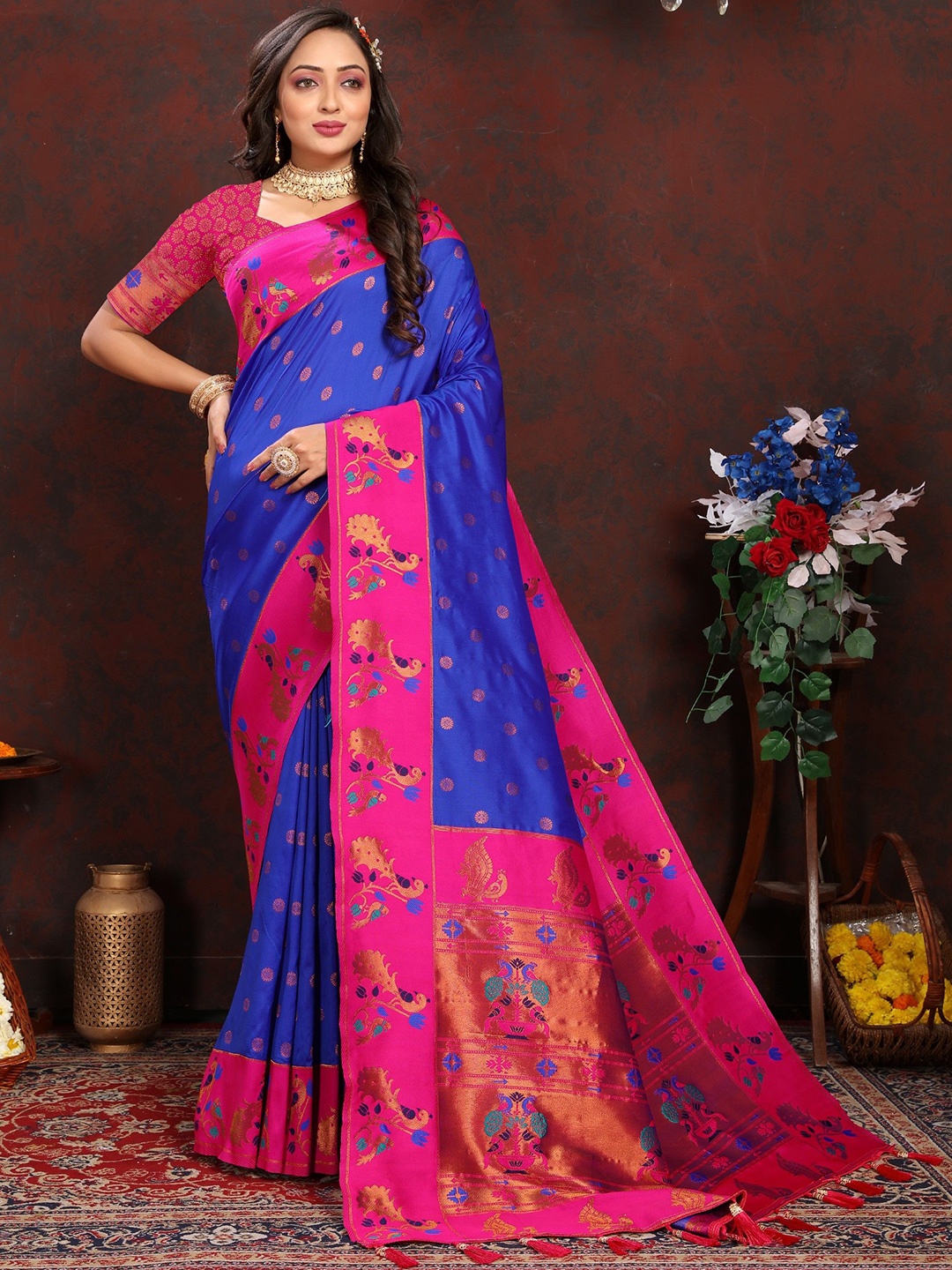 

Anaita Woven Design Zari Silk Blend Paithani Saree, Blue