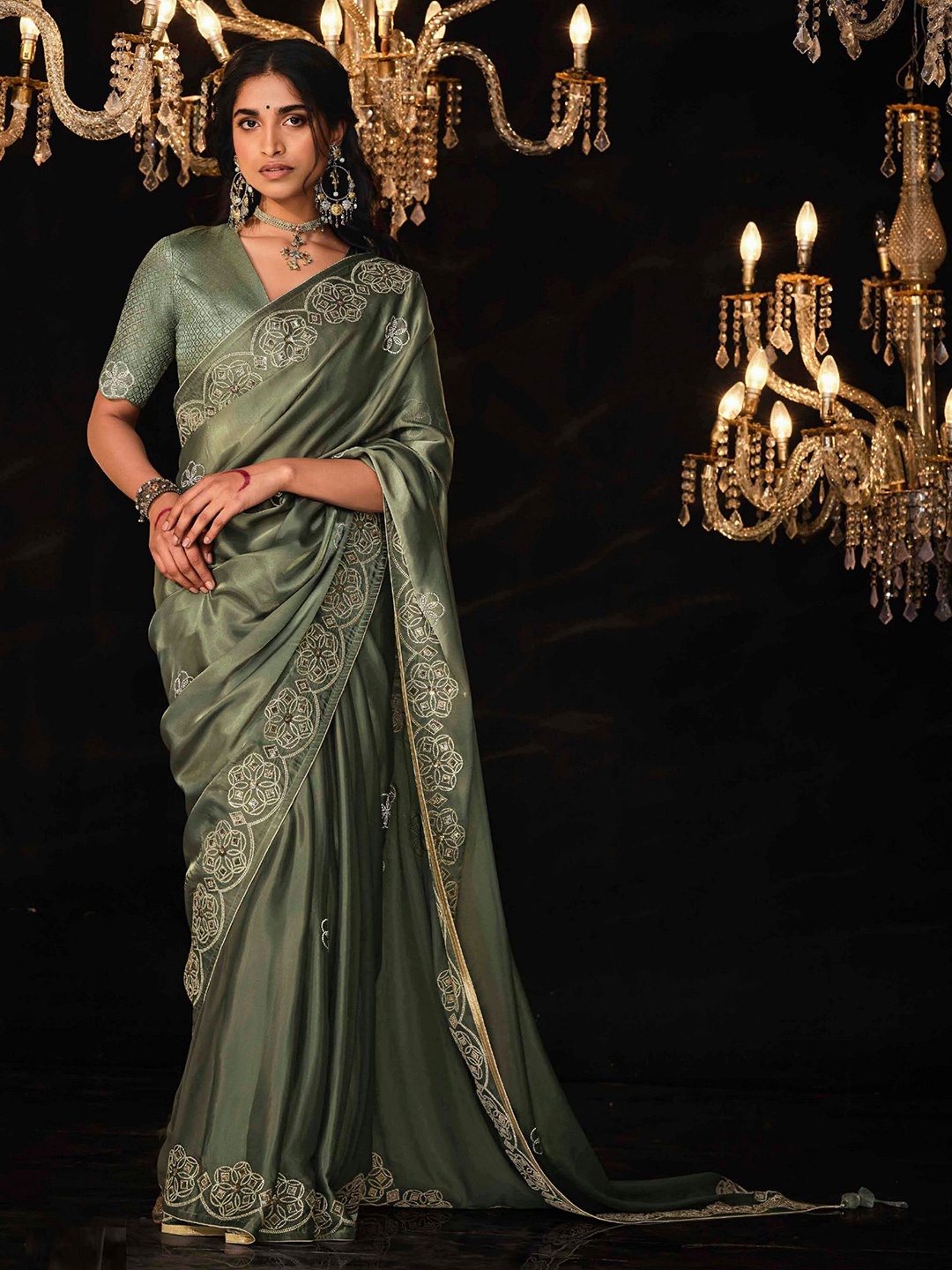 

MAHALASA Floral Beads and Stones Tissue Saree, Olive