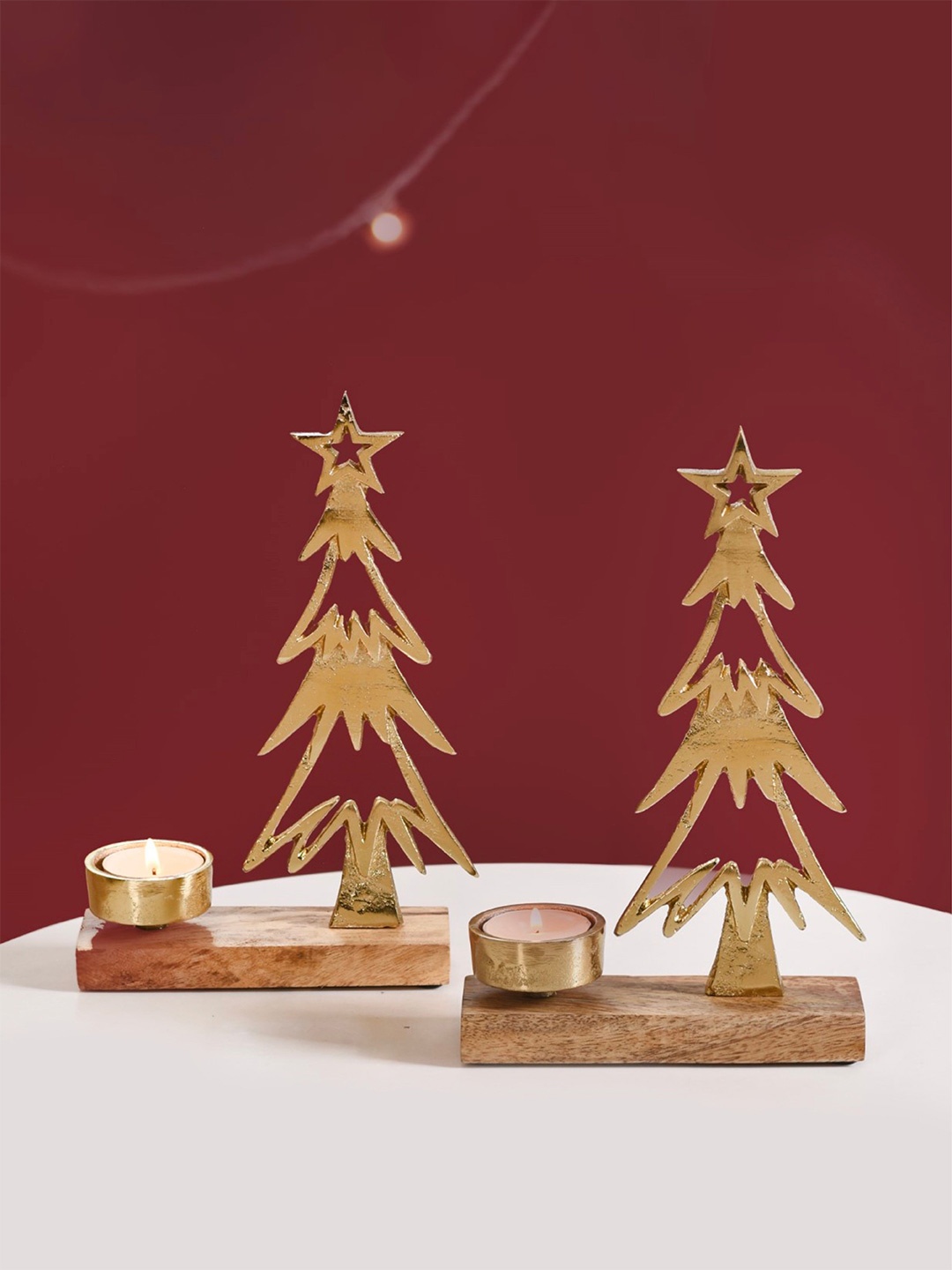 

Nestasia 2-Pcs Beige Christmas Tree Tea Light Holder, Gold