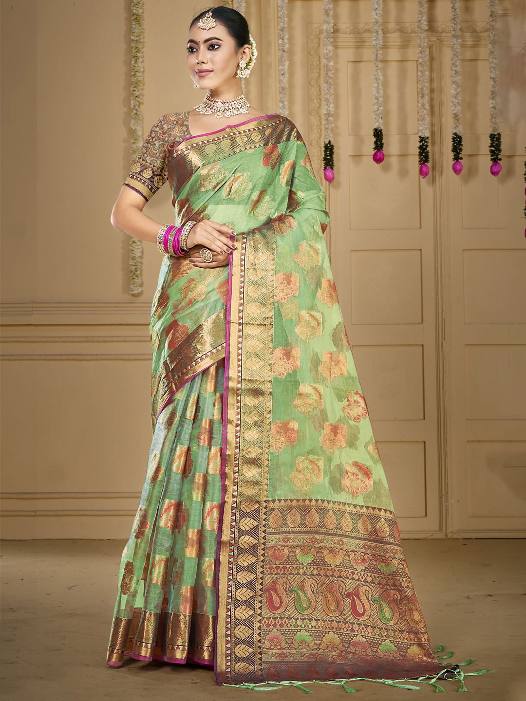 

SANGAM PRINTS Woven Design Zari Organza Tussar Saree, Sea green