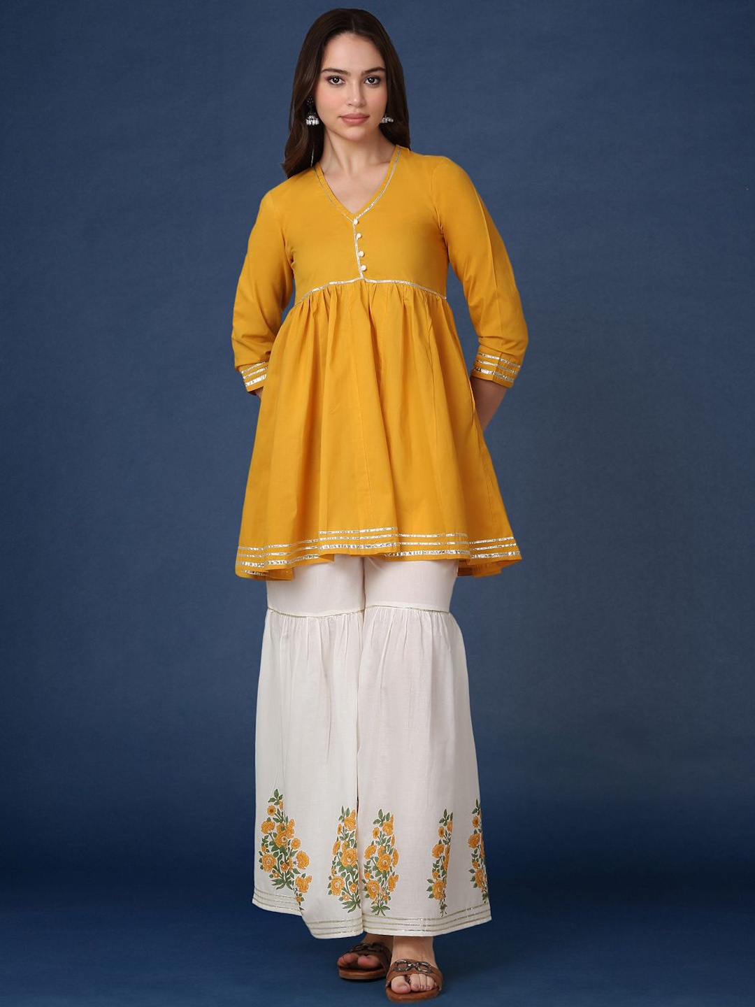 

Taavi Pure Cotton Anarkali Kurta With Sharara & Dupatta, Yellow