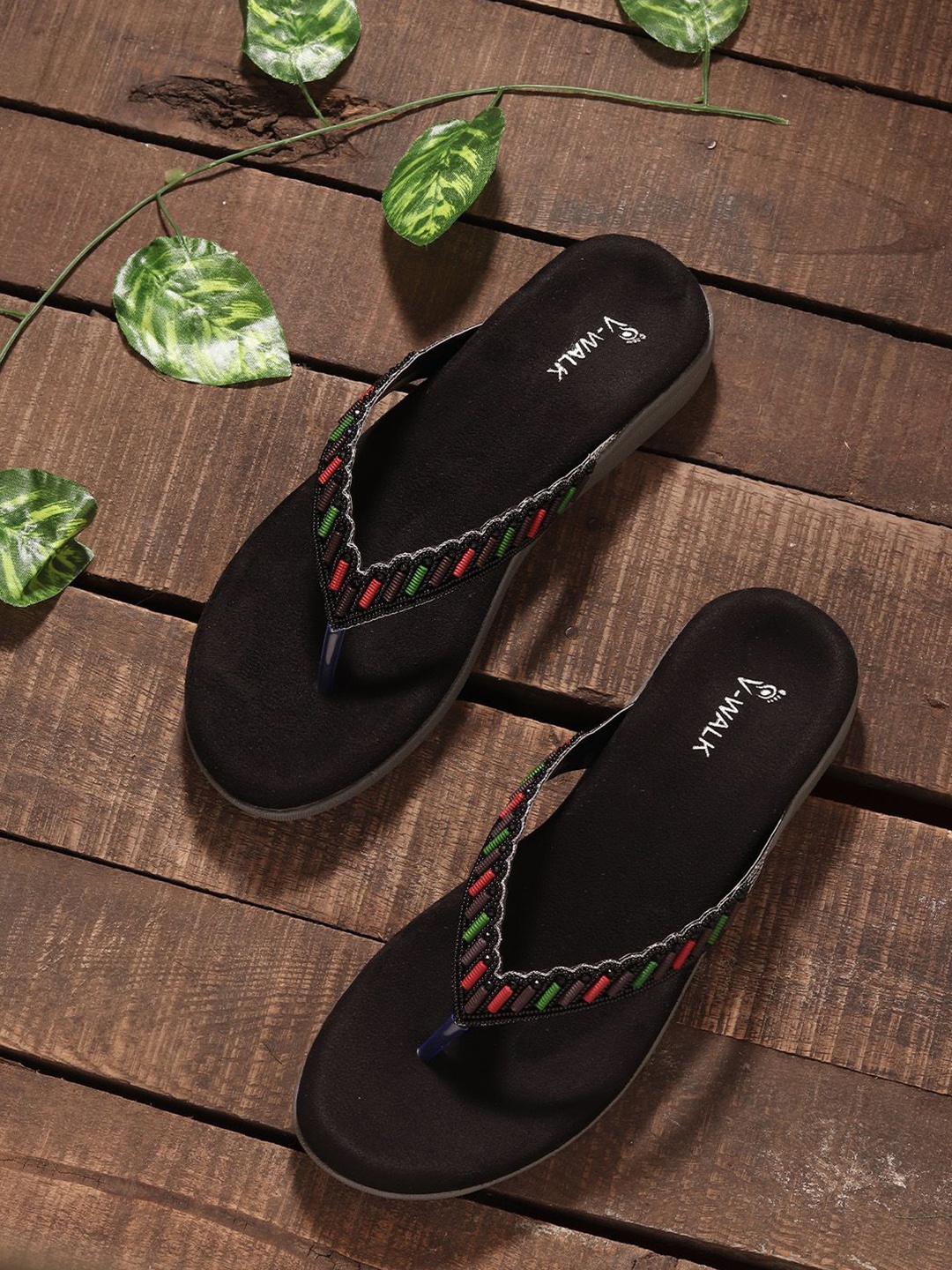 

V-WALK Women Embellished Open Toe Flats, Black