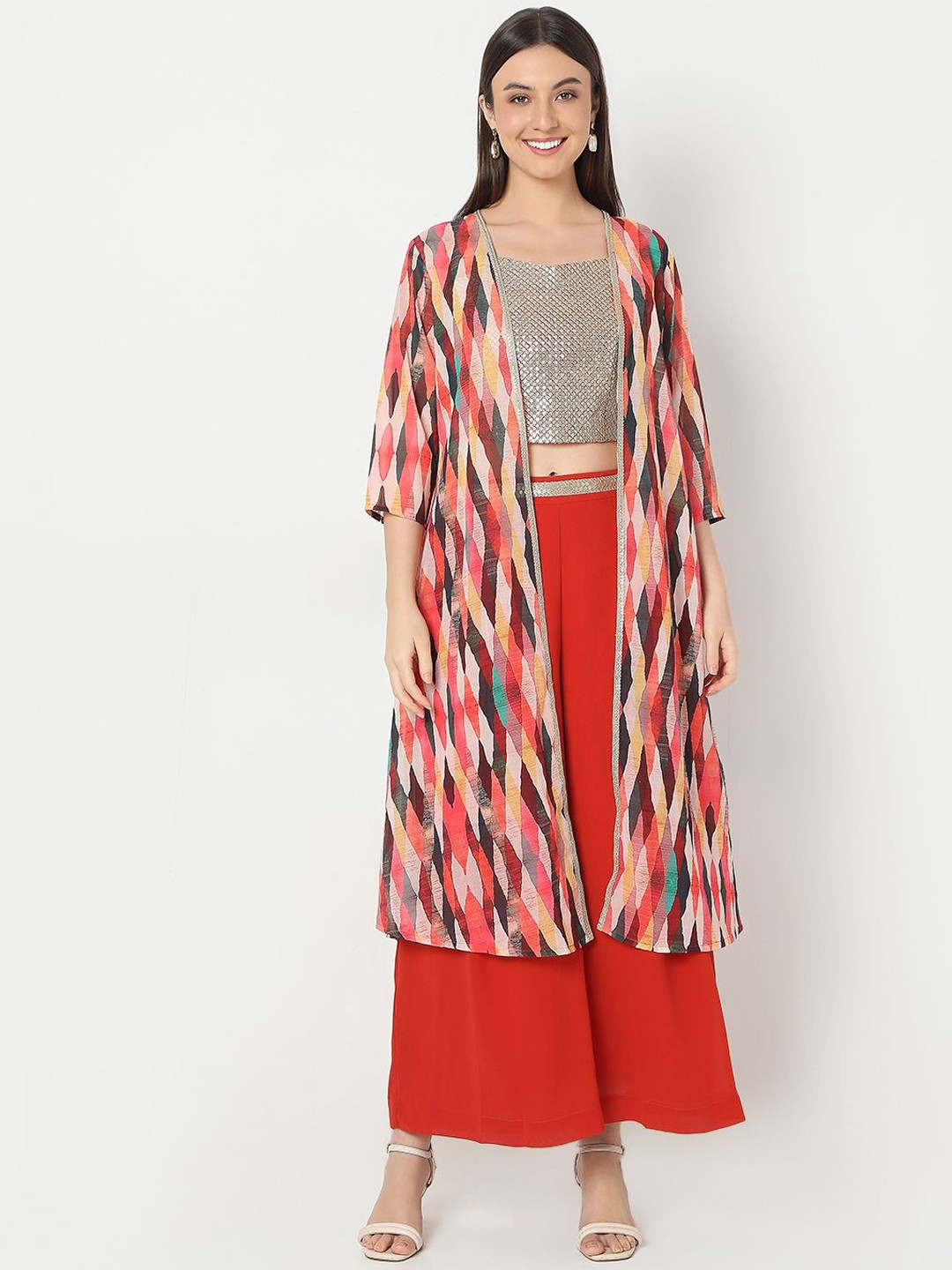 

Ethnicity Embellished Top & Palazzos With Jacket Co-Ords, Red