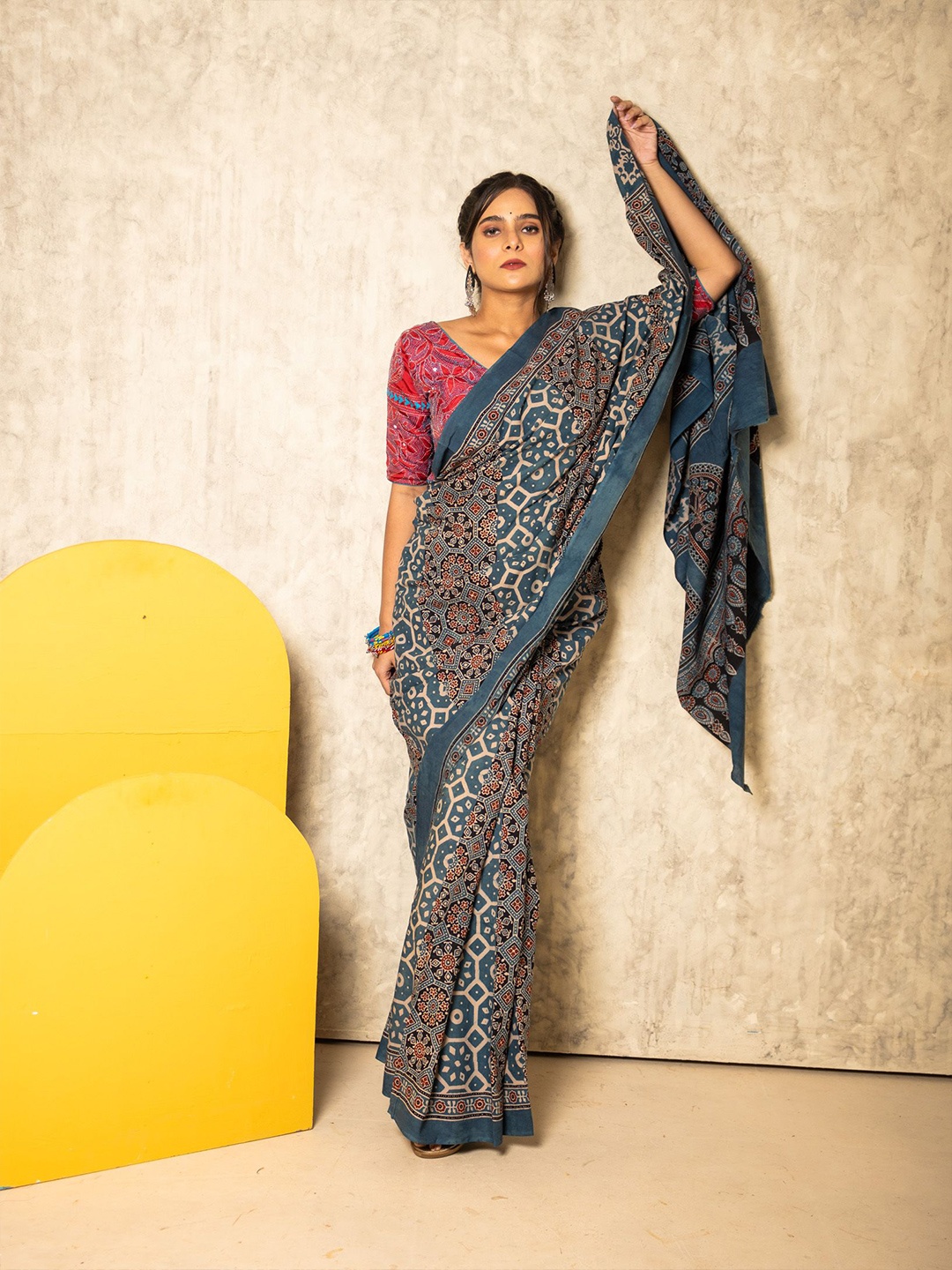 

Uttariya Ajrakh Hand Block Organic Pure Cotton Saree, Blue