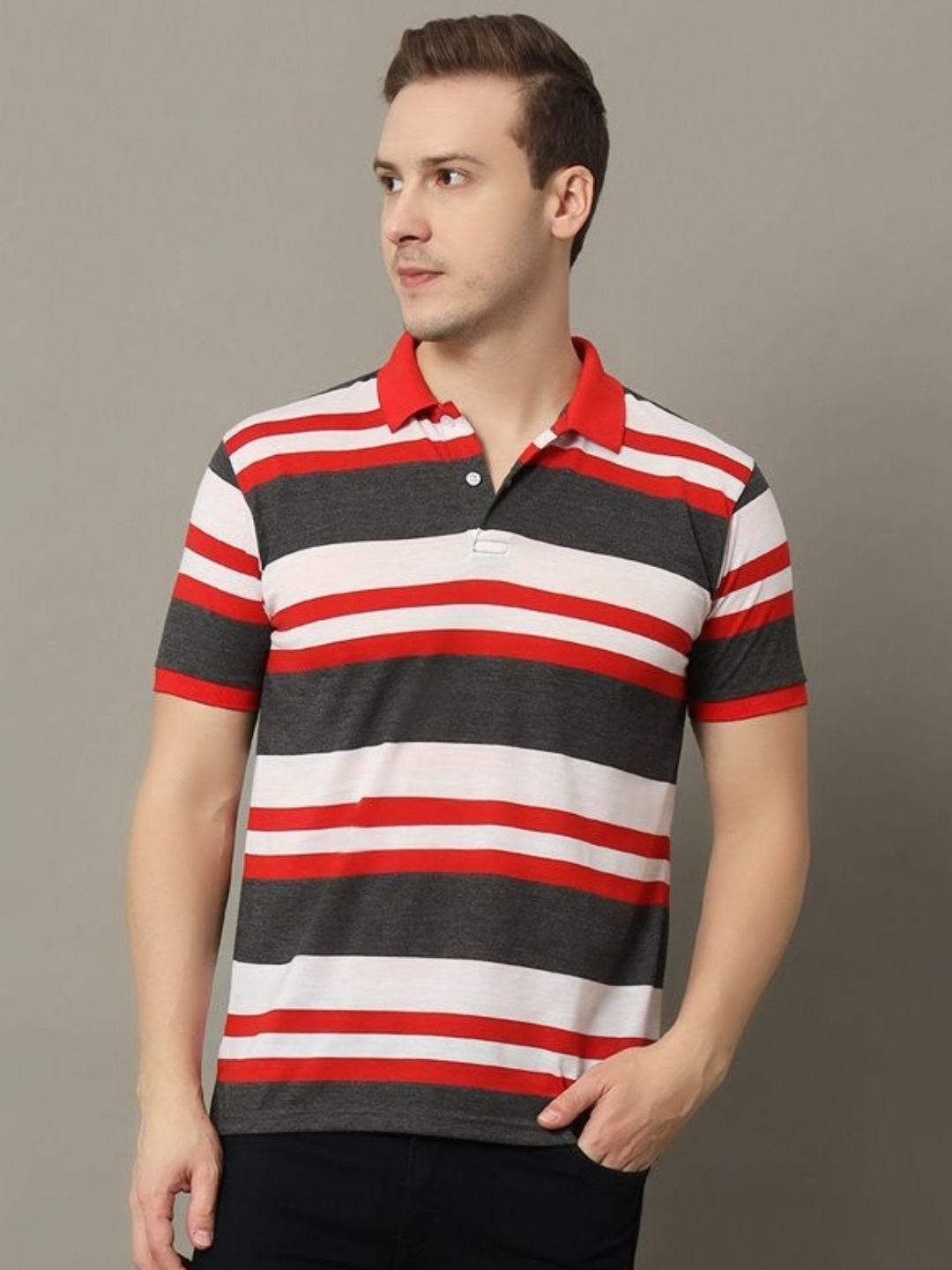 

GET GOLF Men Striped Polo Collar Cotton T-shirt, Red