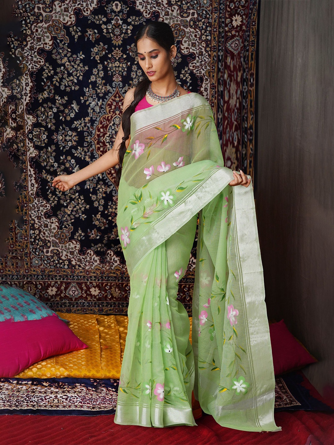 

Unnati Silks Floral Zari Net Handloom Kota Saree, Green