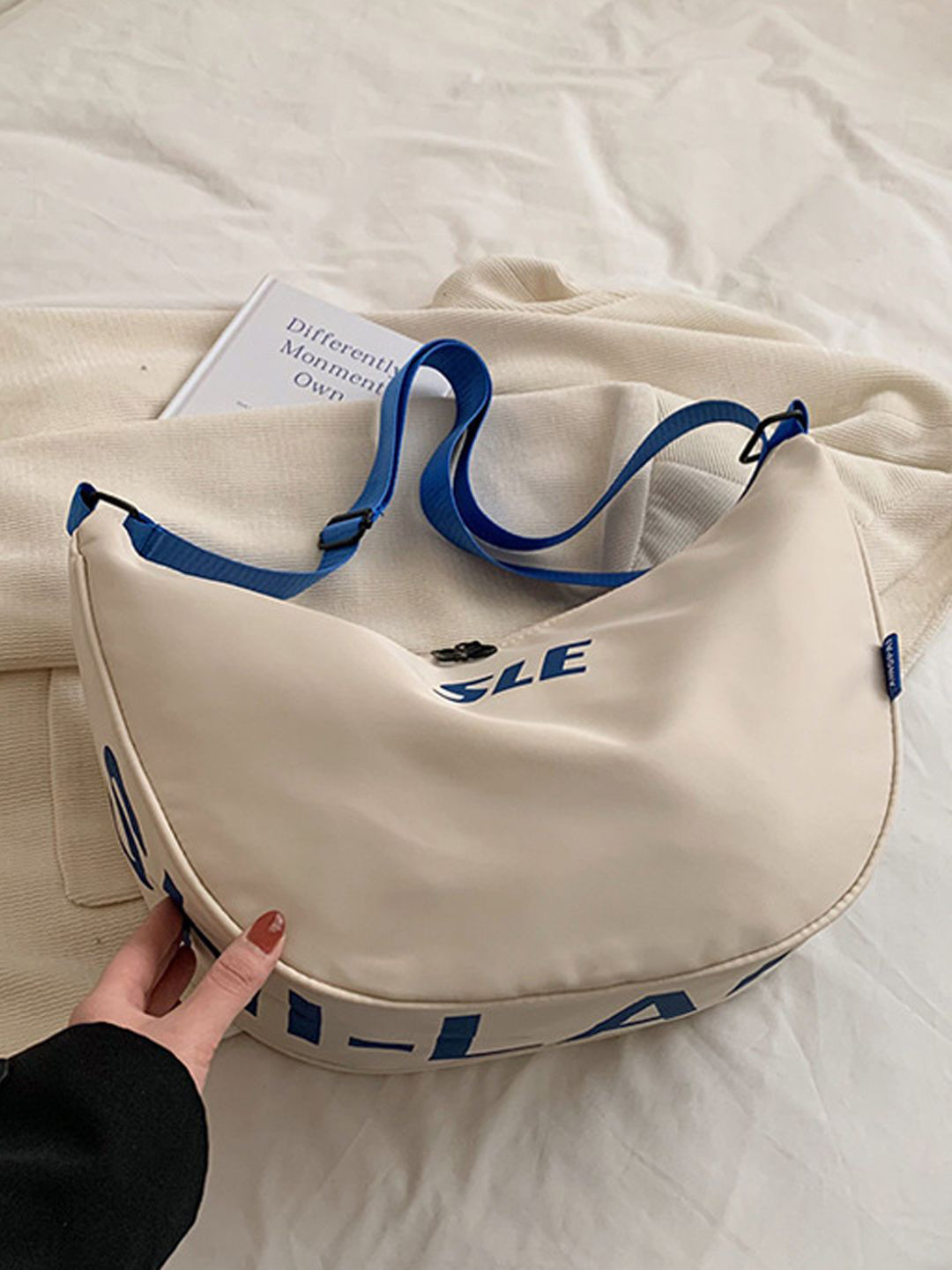 

StyleCast Beige & Blue Typography Printed Structured Side Bag