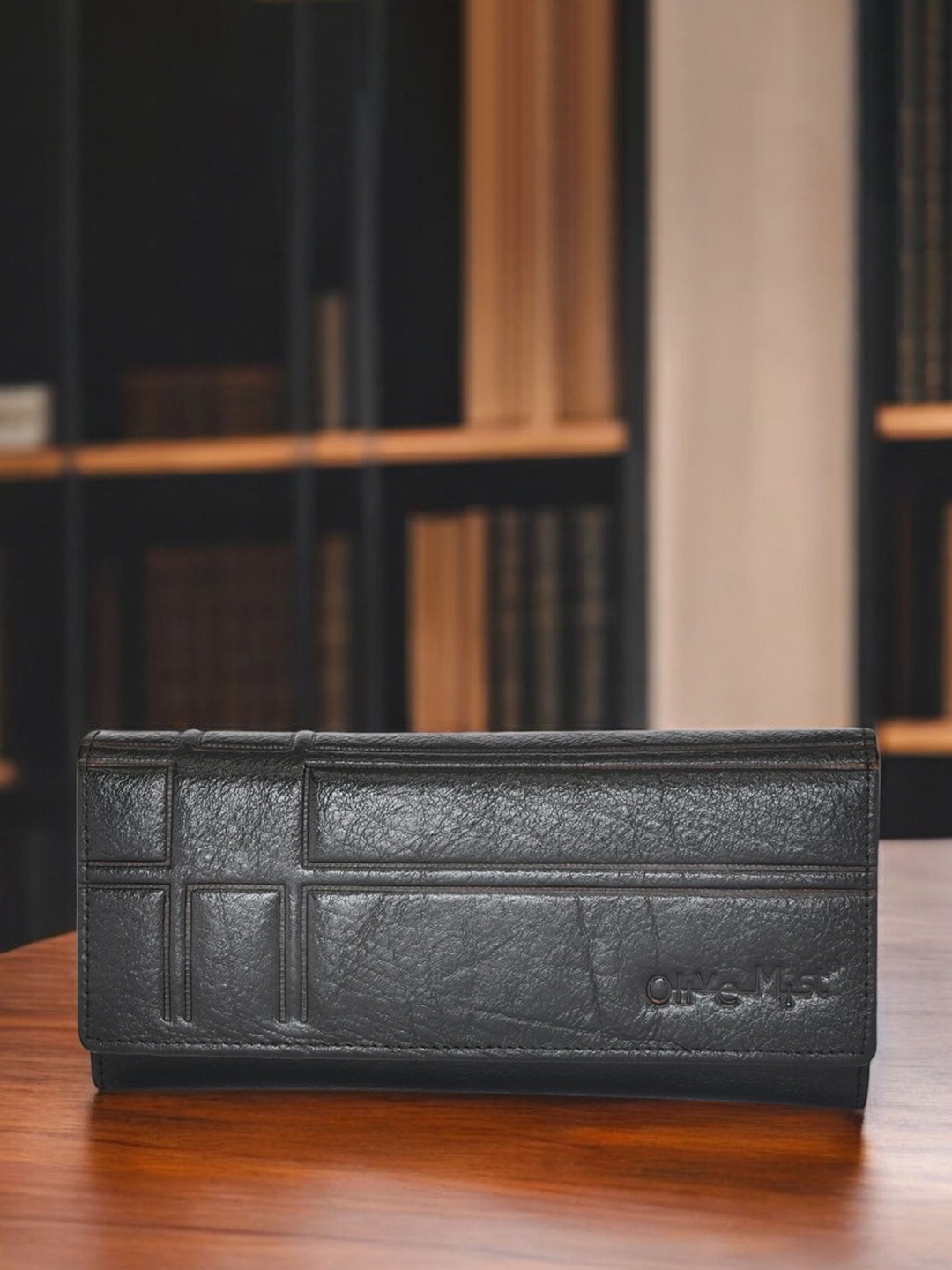 

OLIVE MIST Women Textured Zip Detail Leather Two Fold Wallet, Black