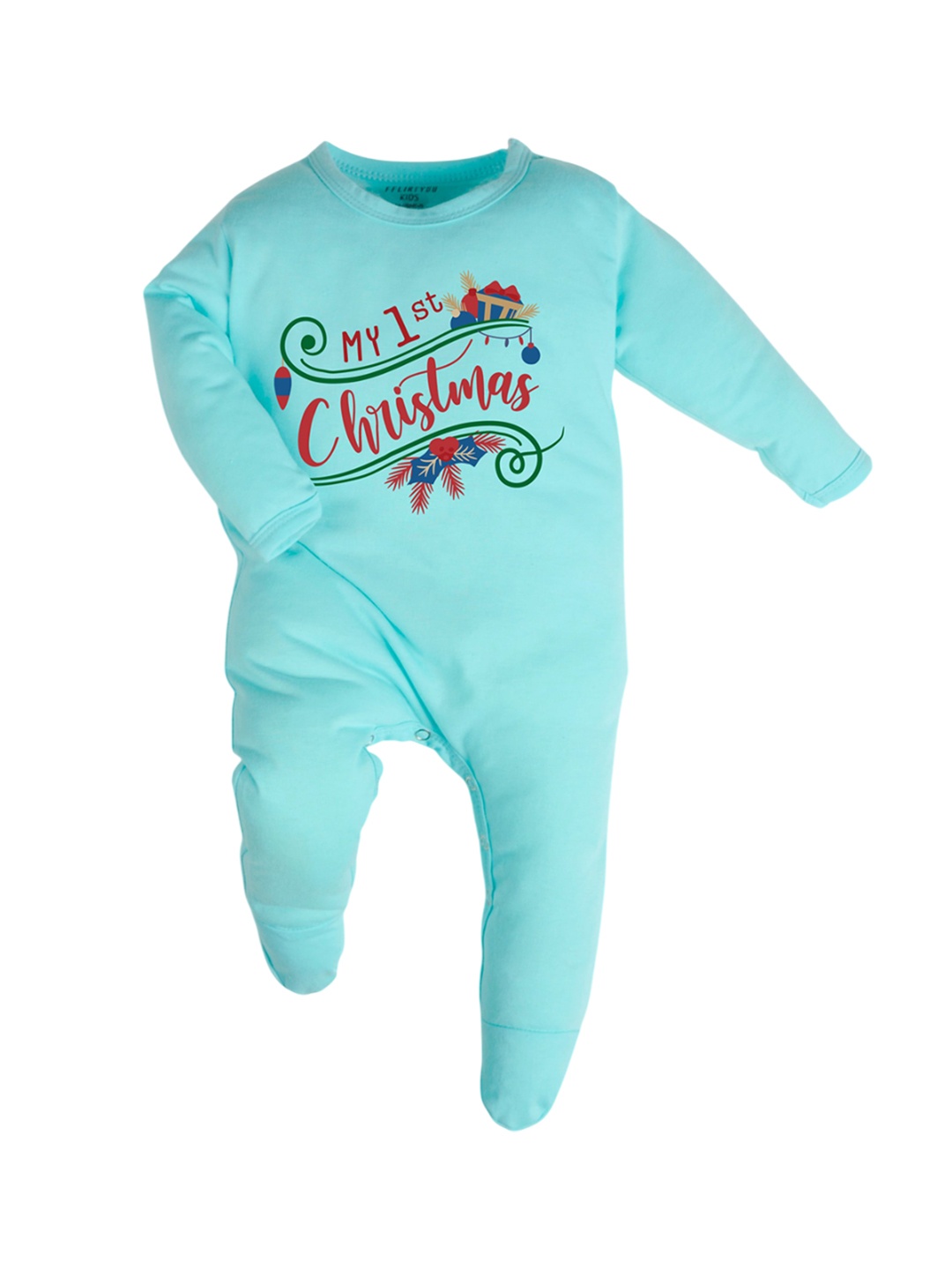 

FFLIRTYGO Christmas Infants Printed Pure Cotton Sleepsuit, Turquoise blue