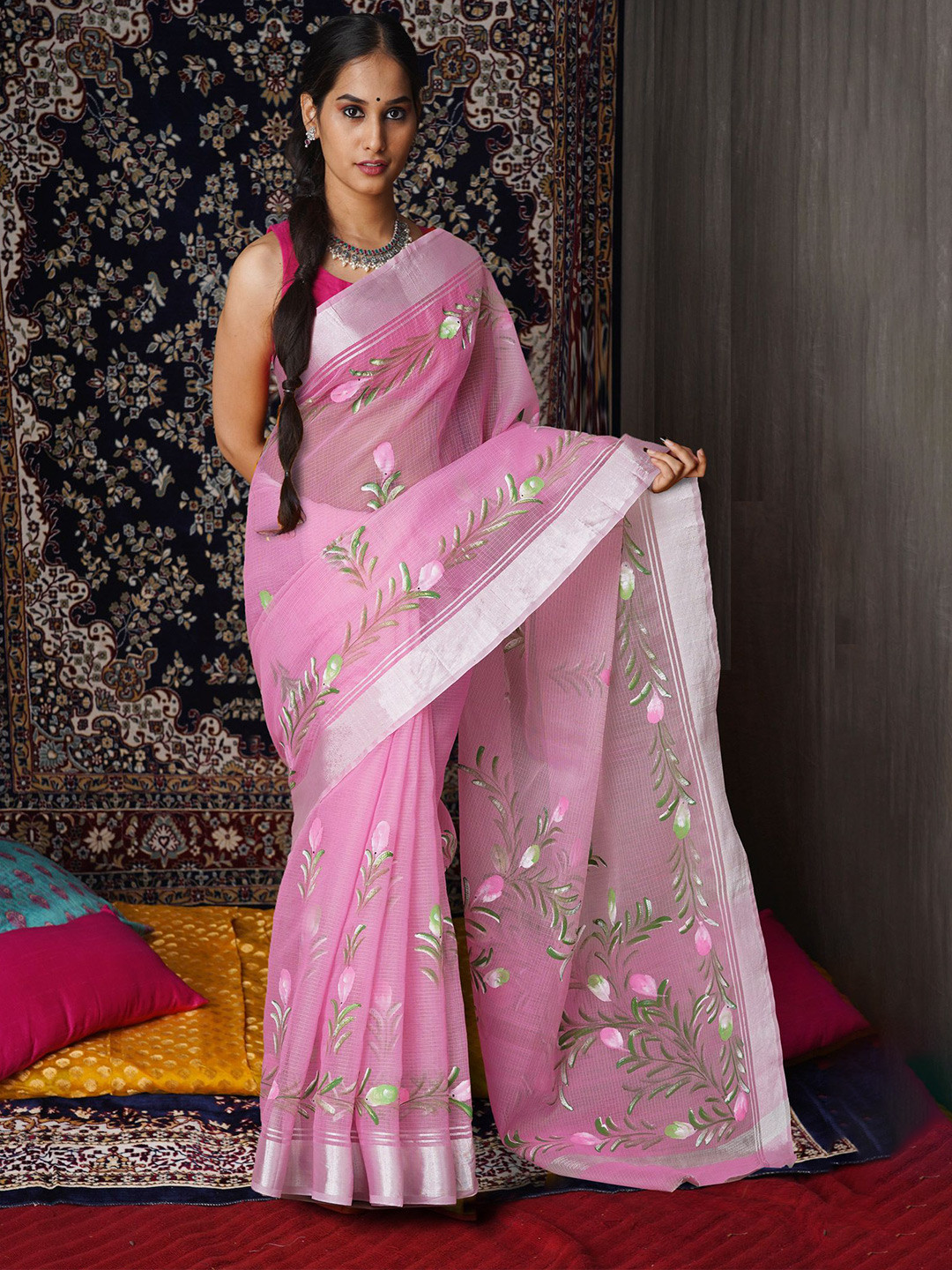 

Unnati Silks Floral Zari Net Handloom Kota Saree, Pink