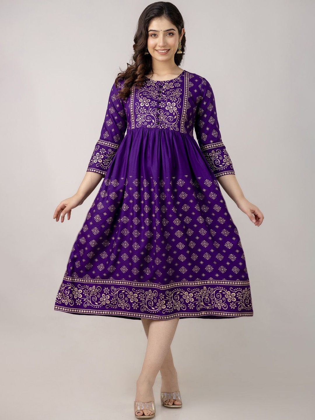 

SUNEKH Printed Midi-Length Fit and Flare Ethnic Dresses, Purple