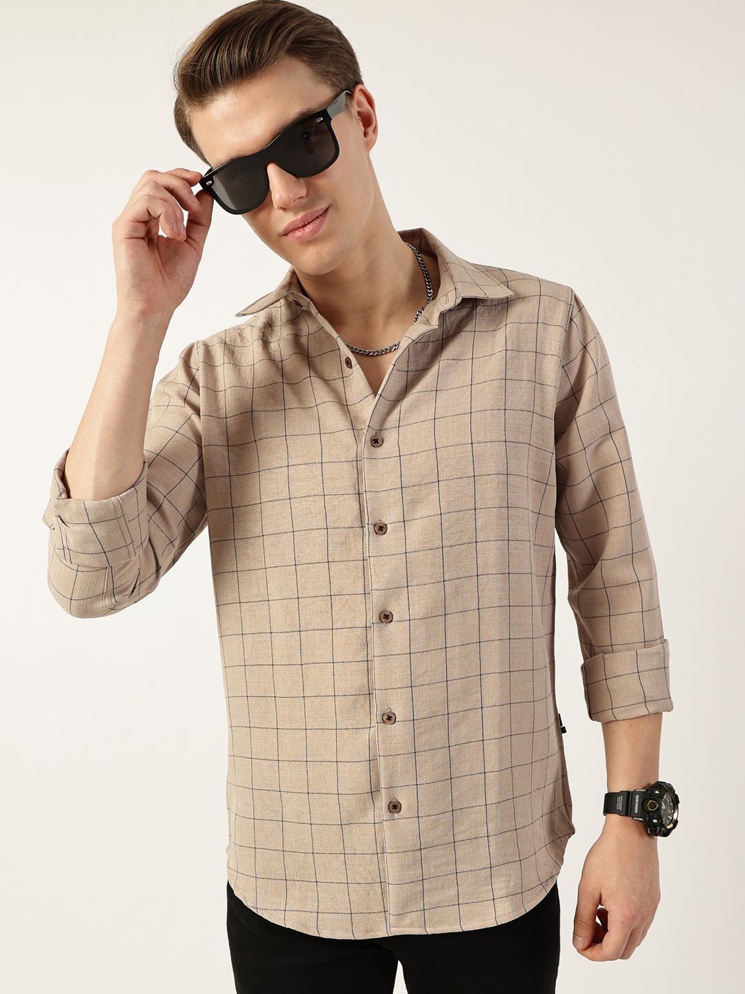 

Thomas Scott Men Smart Spread Collar Windowpane Checked Slim Fit Casual Shirt, Beige
