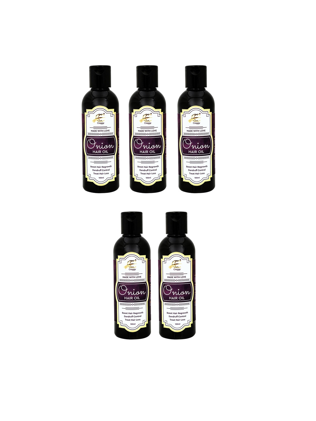 

Craggy Cosmetic Set Of 5 Onion Hair Oil For Hair Regrowth - 100 ml Each, Assorted