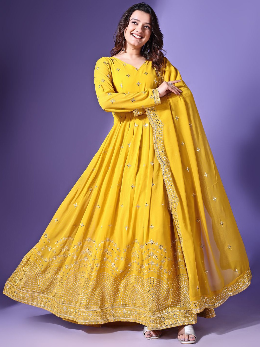 

Ethnic Yard Women Embroidered Thread Work Georgette Anarkali Kurta, Yellow