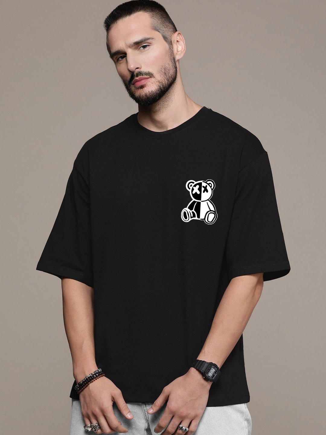 

Manlino Unisex Printed Drop-Shoulder Sleeves Pockets T-shirt, Black