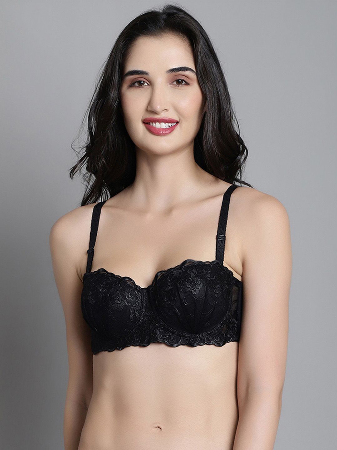 

MAKCLAN Floral Bra Medium Coverage Underwired Lightly Padded, Black