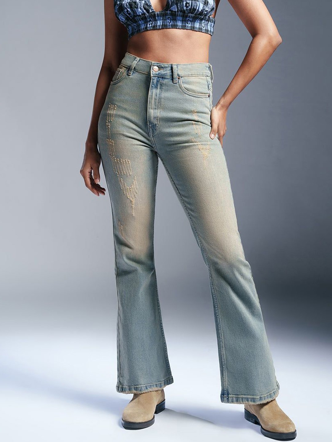 

FREAKINS Women Jean Bootcut High-Rise Low Distress Light Fade Stretchable Jeans, Blue