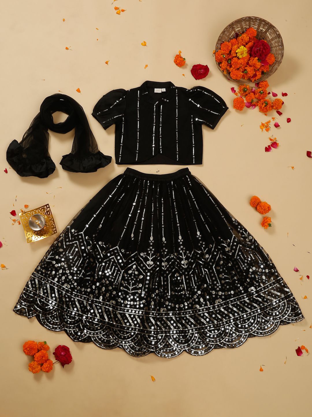 

SAKA DESIGNS Girls Embroidered Mirror Work Ready to Wear Lehenga & Blouse With Dupatta, Black