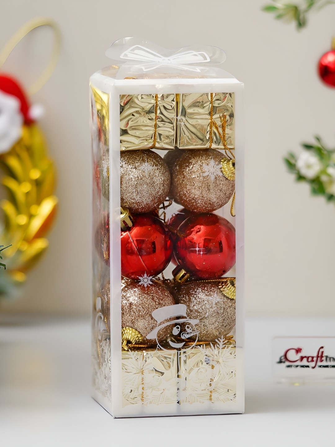 

eCraftIndia Set Of 10 Merry Christmas Hanging Ornament Props Gifts Balls Festive Decor, Red