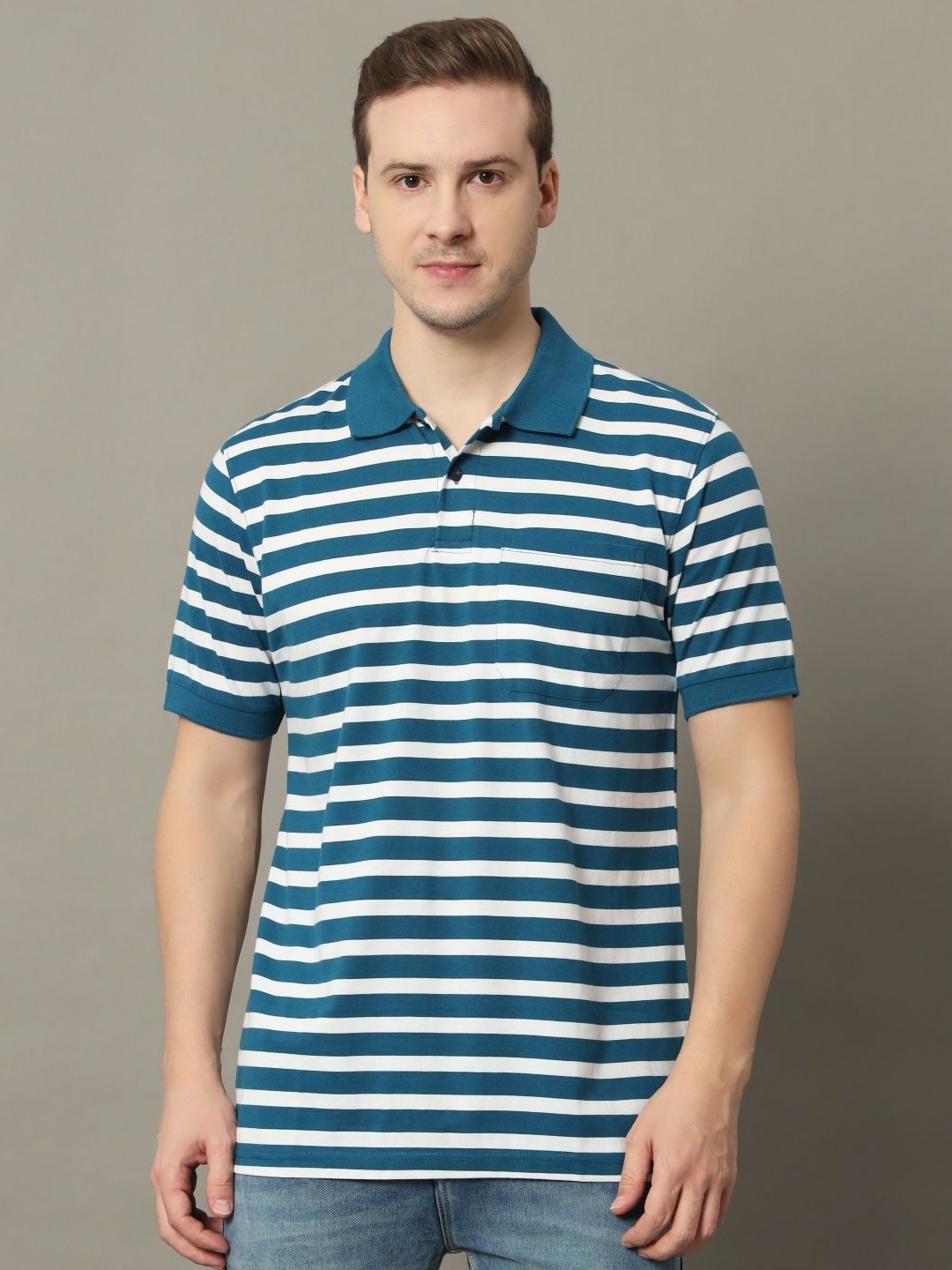 

GET GOLF Men Striped Polo Collar Cotton T-shirt, Navy blue