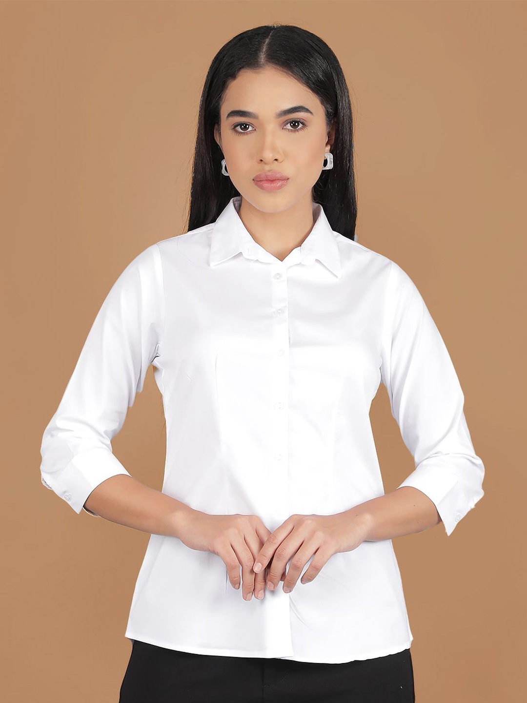 

Crimsoune Club Women Classic Spread Collar Solid Cotton Slim Fit Casual Shirt, White