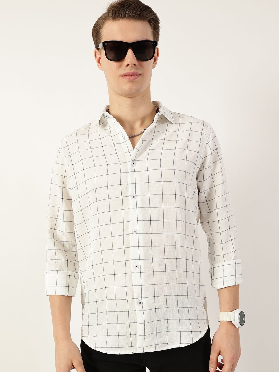 

Thomas Scott Men Smart Spread Collar Windowpane Checked Slim Fit Casual Shirt, White