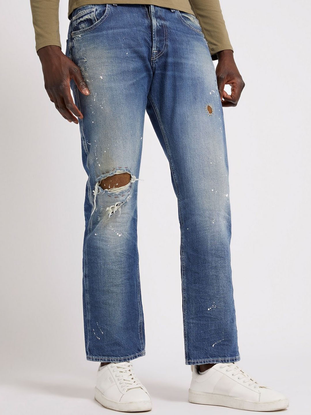 

GUESS Men Highly Distressed Heavy Fade Jeans, Blue