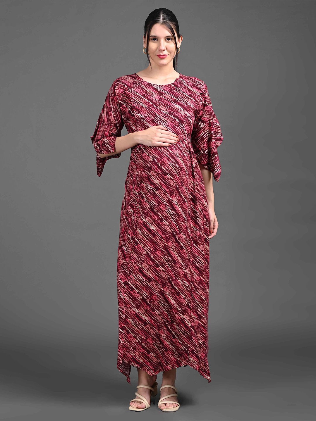 

GOLDSTROMS Print Slit Sleeve Maternity Kaftan Maxi Dress, Maroon