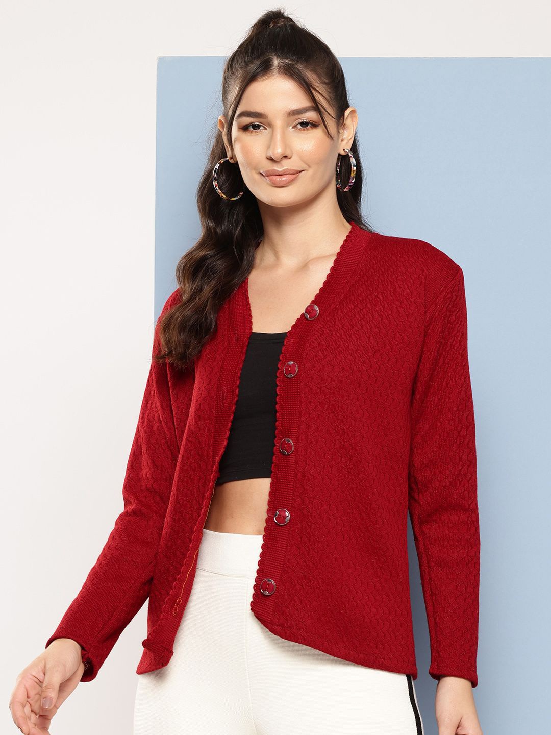 

BAESD Women Cable Knit Woollen Cardigan, Maroon