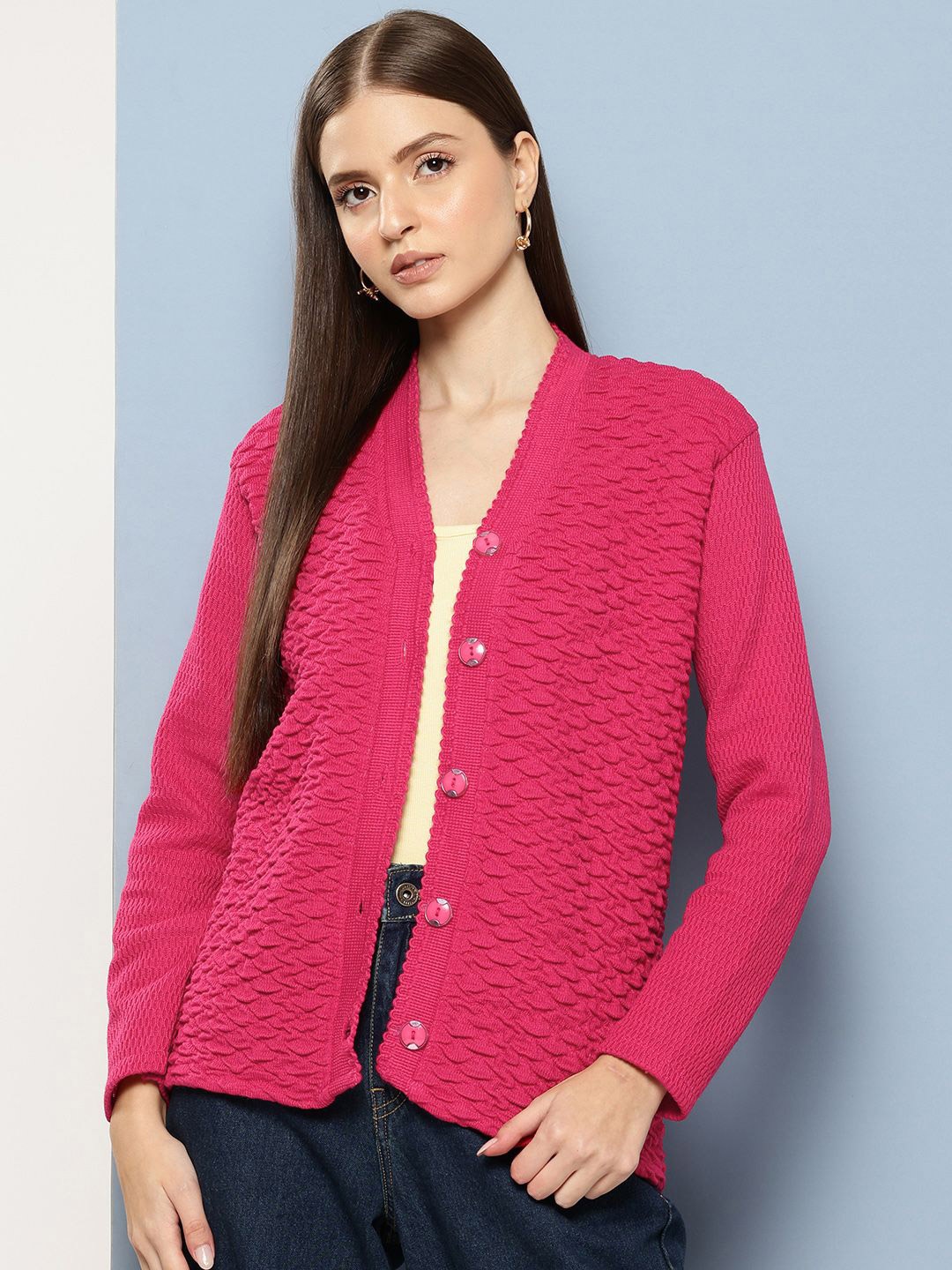 

BAESD Women Cable Knit Woollen Cardigan, Pink