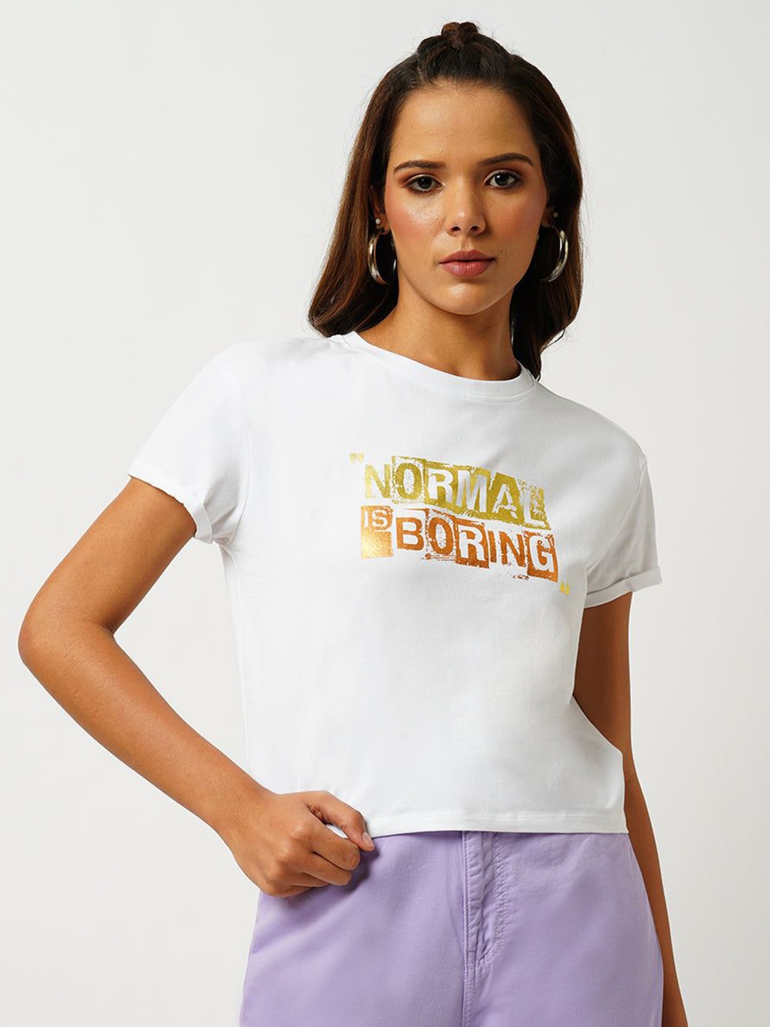 

Kraus Jeans Women Typography Printed Drop-Shoulder Sleeves Slim Fit T-shirt, White