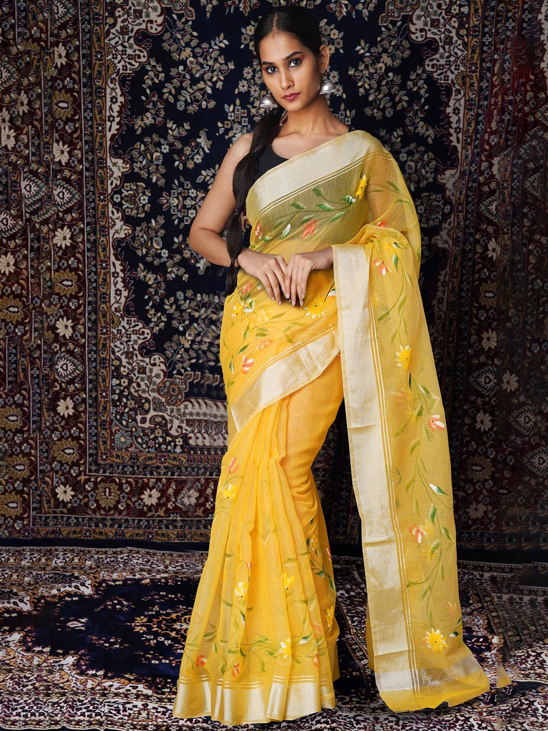 

Unnati Silks Floral Zari Net Designer Kota Saree, Yellow