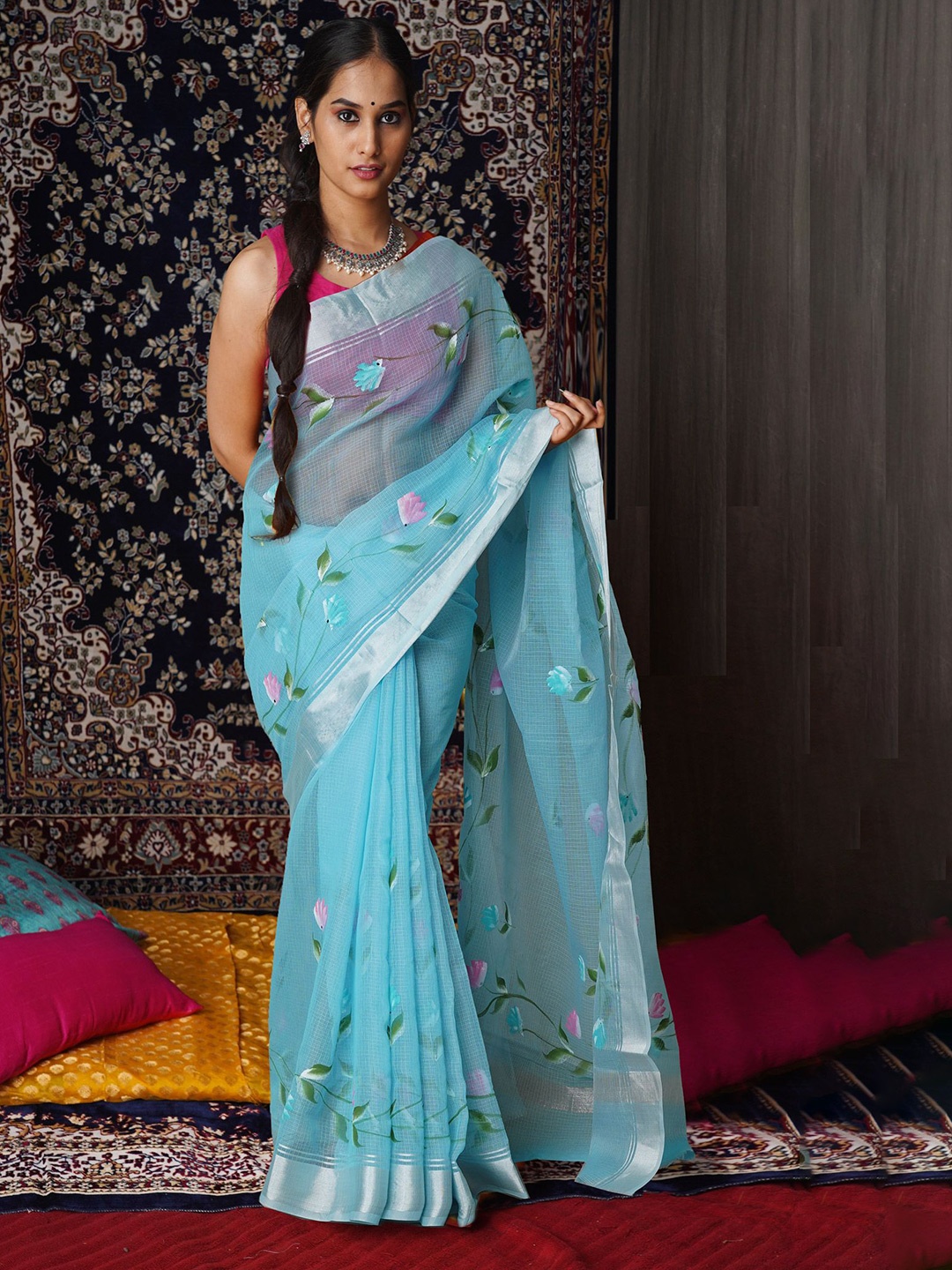 

Unnati Silks Floral Zari Net Handloom Kota Saree, Blue