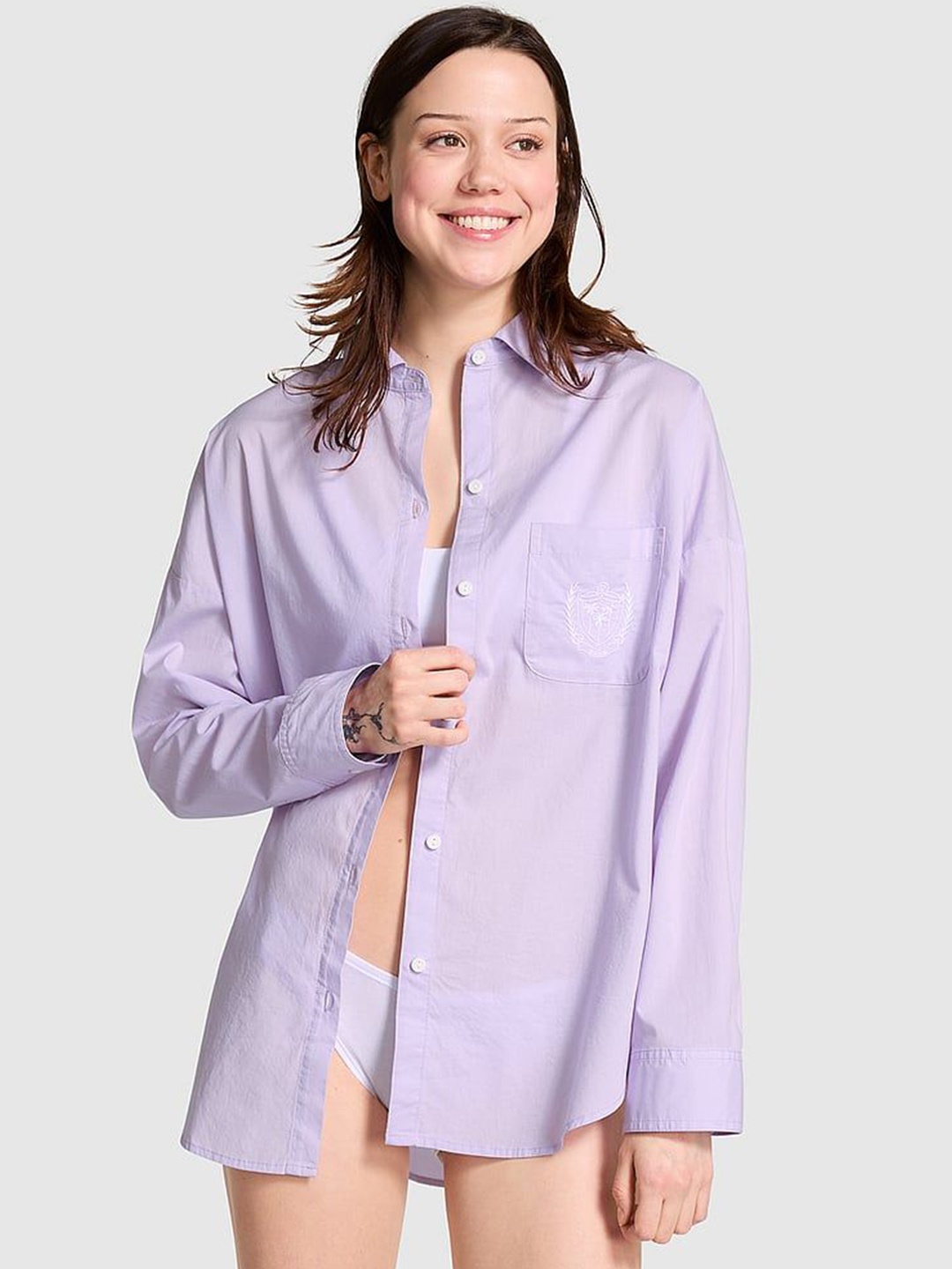 

Victoria's Secret PINK Pure Cotton Oversized Button-Down Sleepshirt, Purple