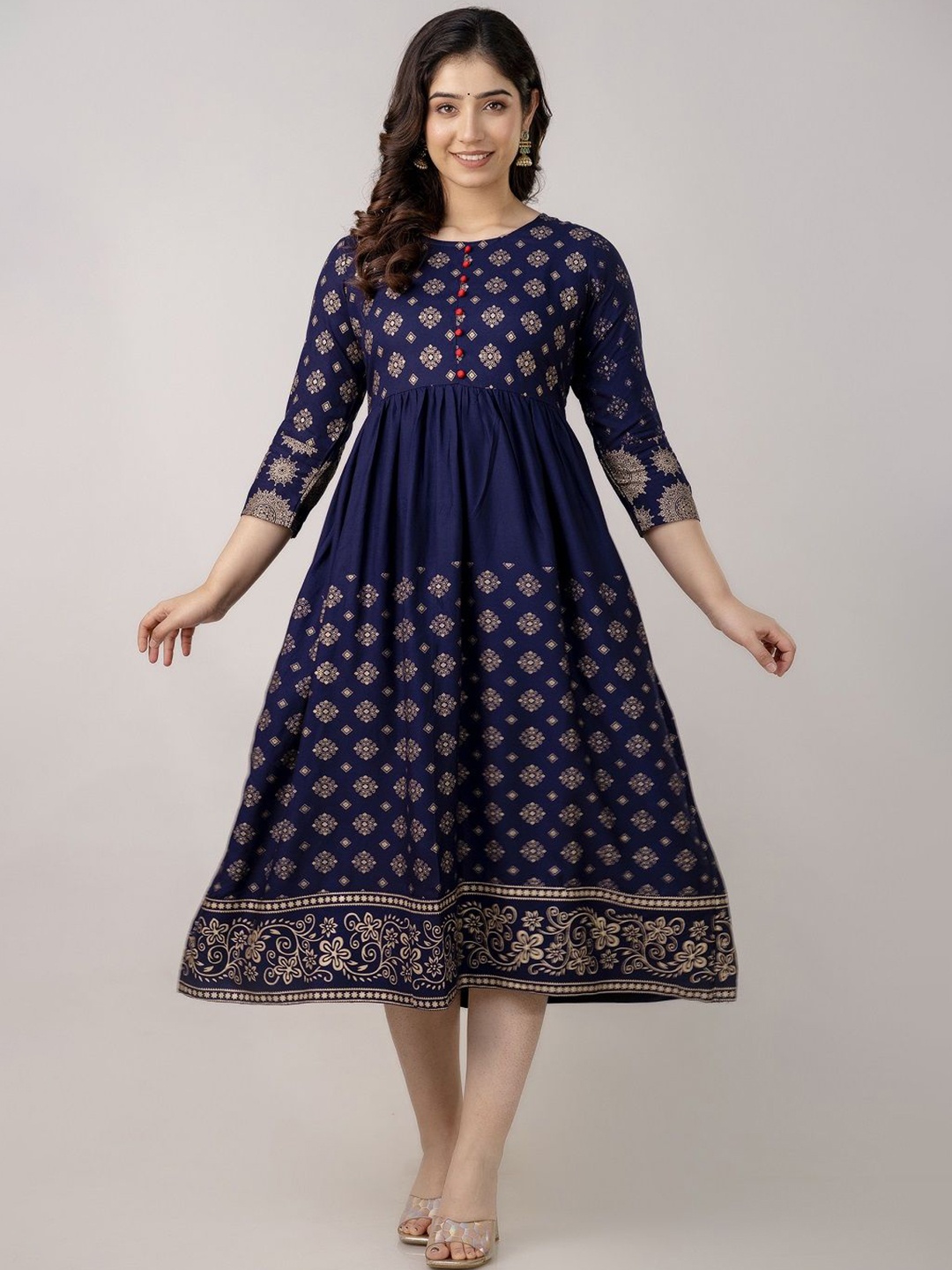 

SUNEKH Printed Midi-Length Fit and Flare Ethnic Dresses, Blue