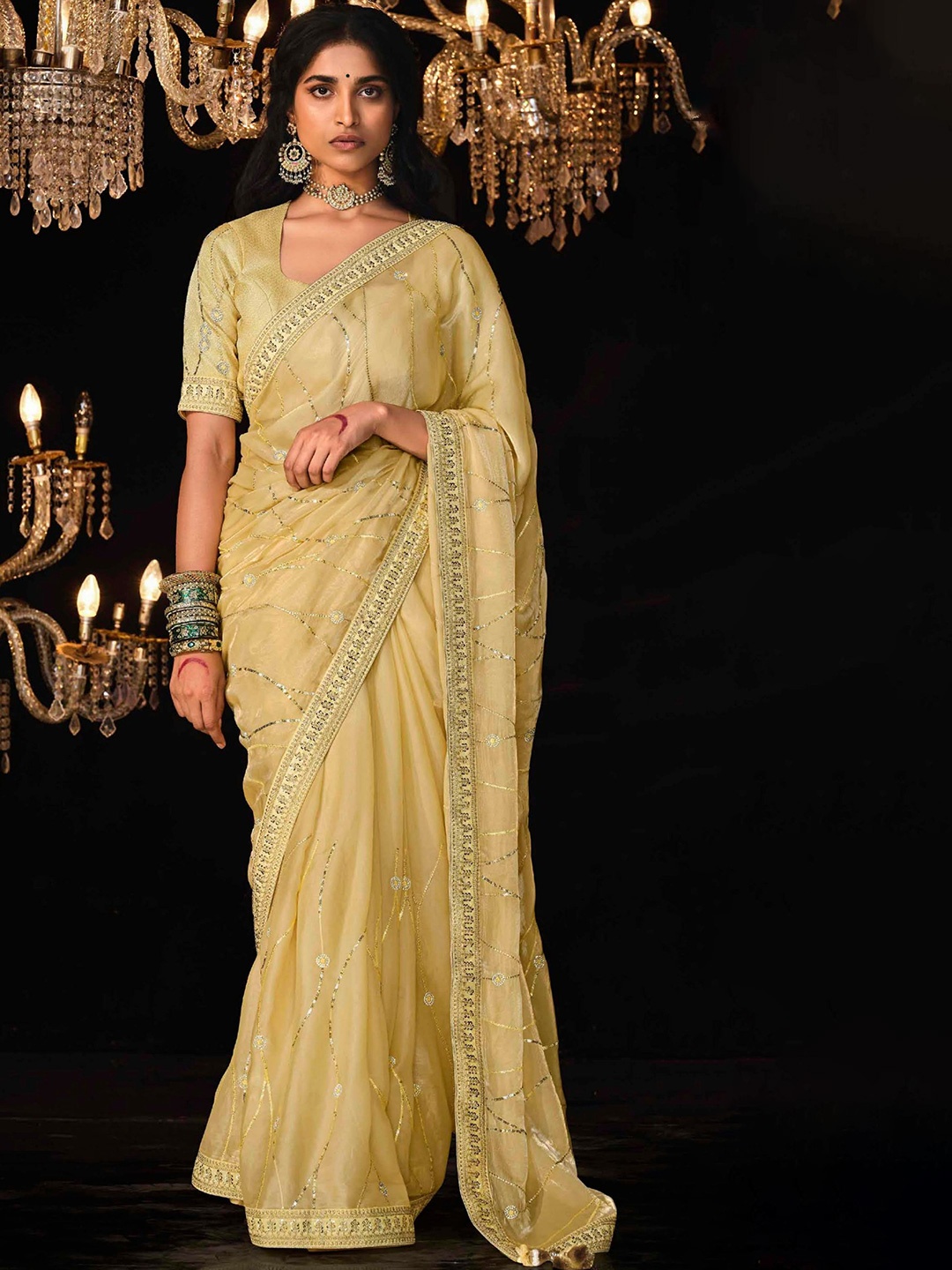 

MAHALASA Ethnic Motifs Embroidered Tissue Saree, Yellow